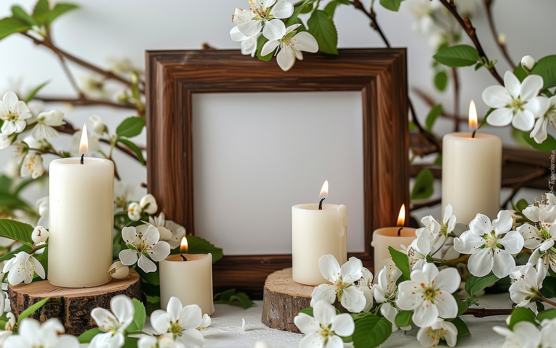 Świece, Drewniana, Ramka, Drewniane, Kłody, Gałązki, Białe, Kwiaty
