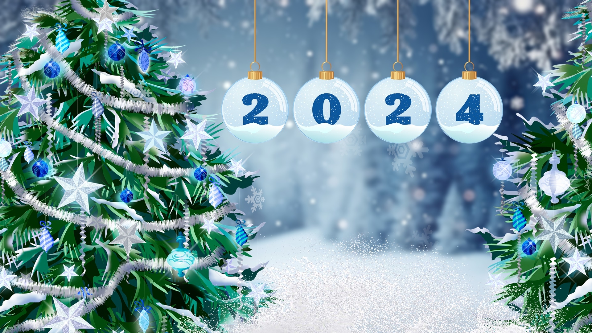 Święta, Nowy Rok, 2024, Choinki, Śnieg, Bombki, Data, Grafika