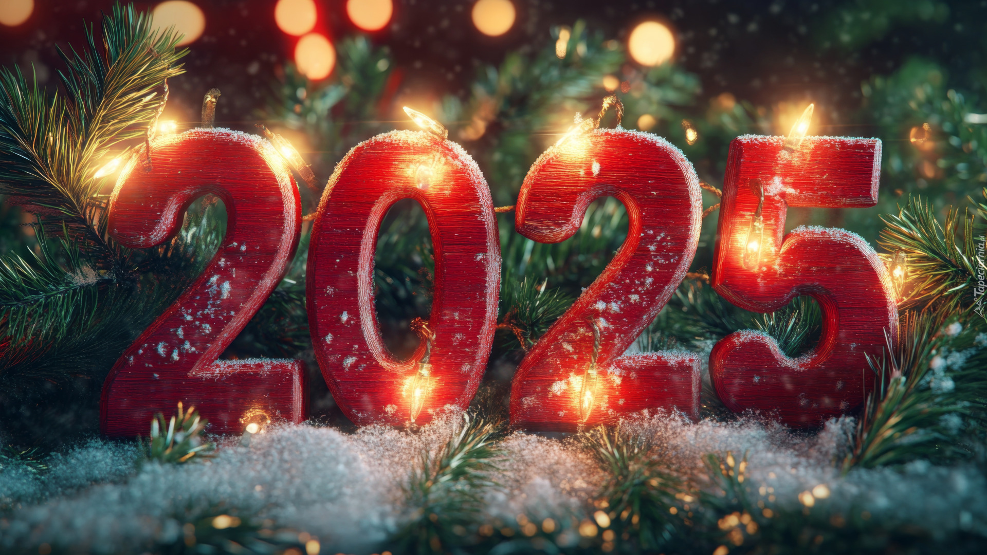 Zima, Nowy Rok, 2025, Data, Gałązki, Świerkowe, Śnieg, Światełka, Grafika