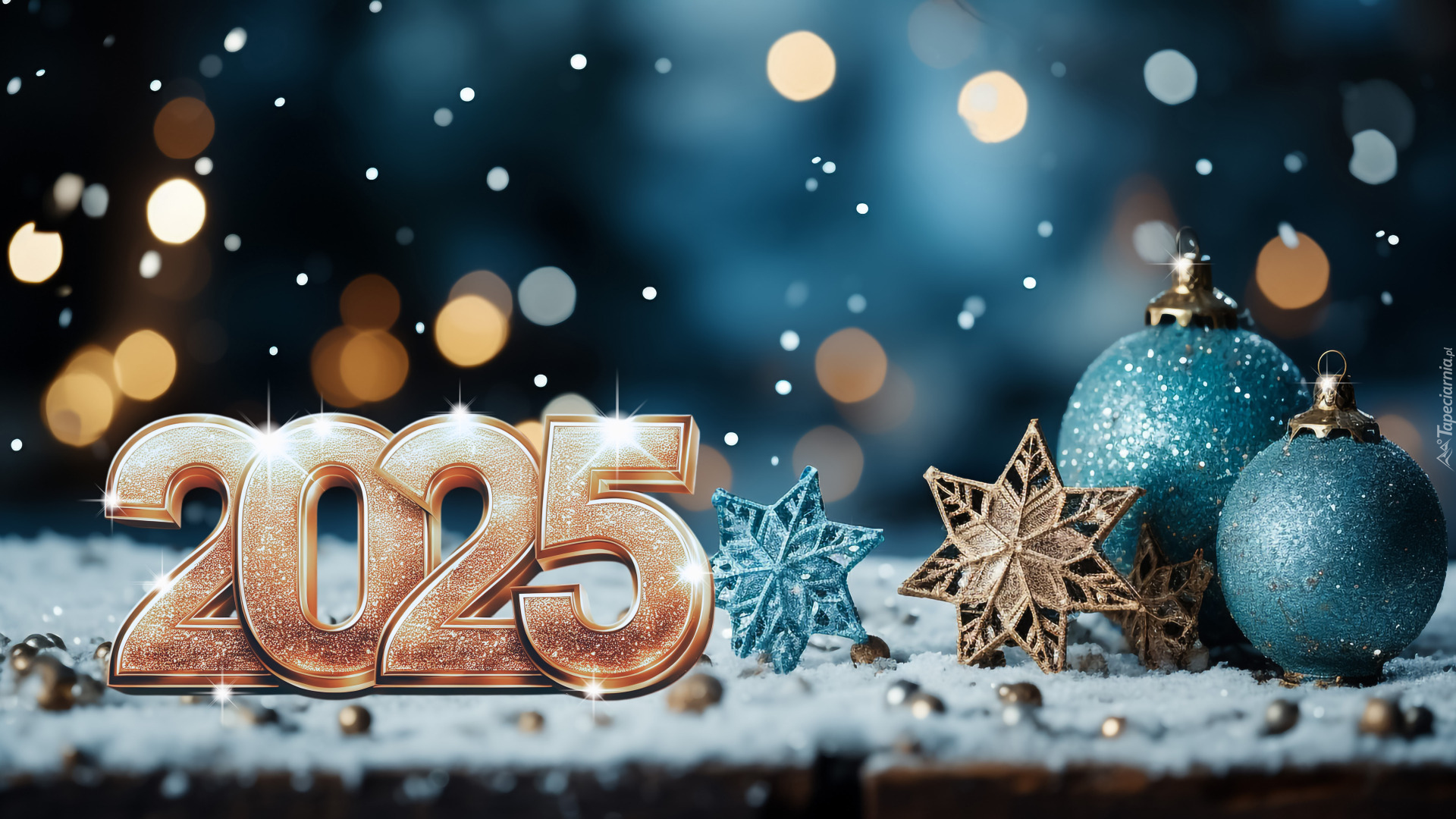 Nowy Rok, 2025, Gwiazdki, Bombki, Śnieg