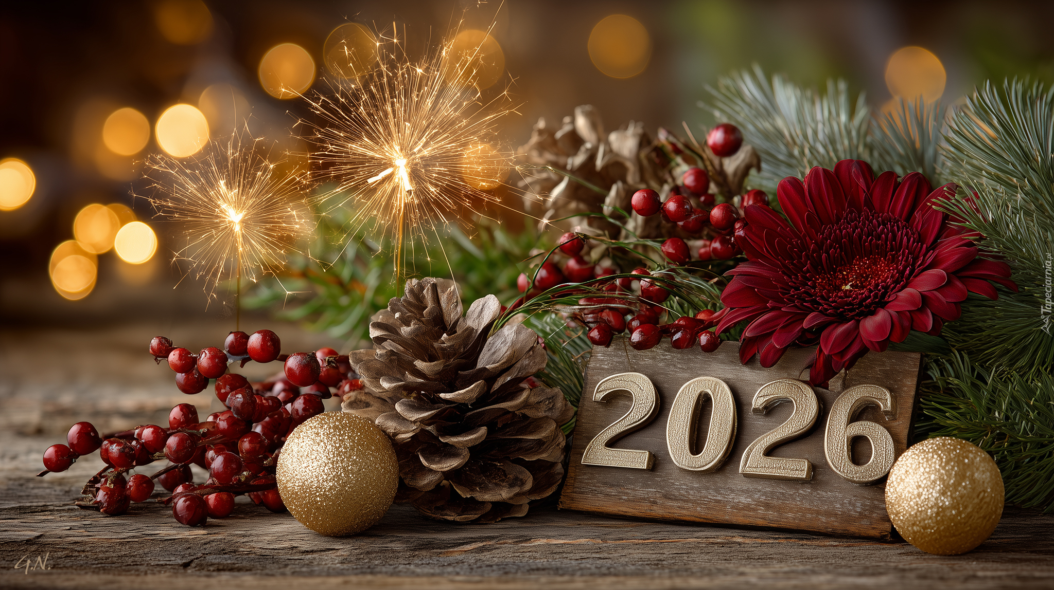 Nowy Rok, 2026, Bombki, Zimne ognie, Szyszka, Kwiat, Grafika AI