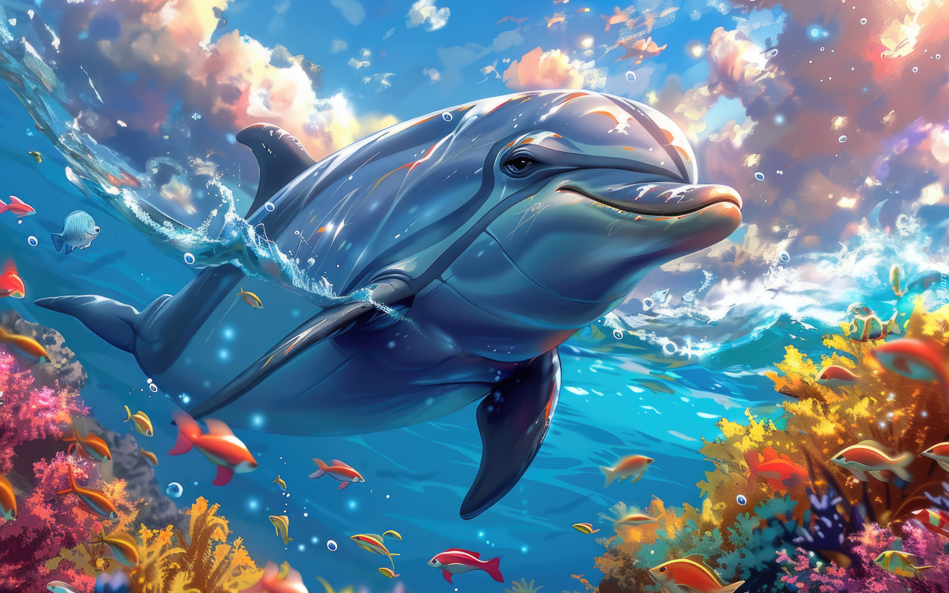 Delfin, Rybki, Grafika AI, Woda