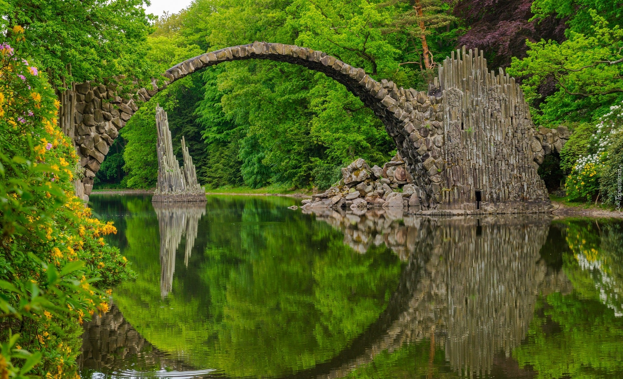 Niemcy, Saksonia, Park Rododendronów Kromlau, Kamienny, Most łukowy, Jezioro Rakotz, Kwiaty, Odbicie  Las