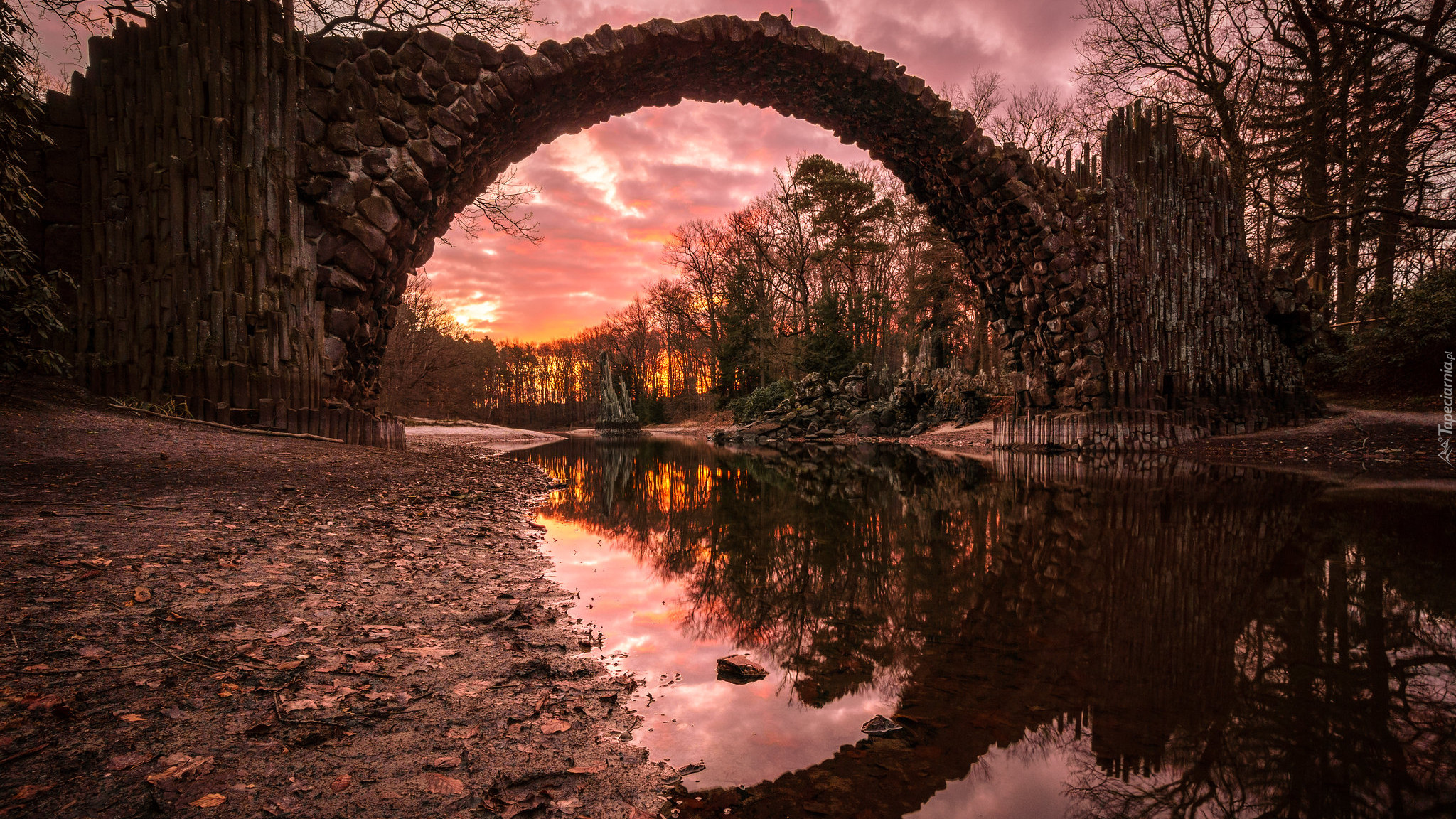 Most, Devils Bridge, Wieczór, Jezioro, Rakotz Lake, Jesień, Saksonia, Park Rododendronów Kromlau, Niemcy