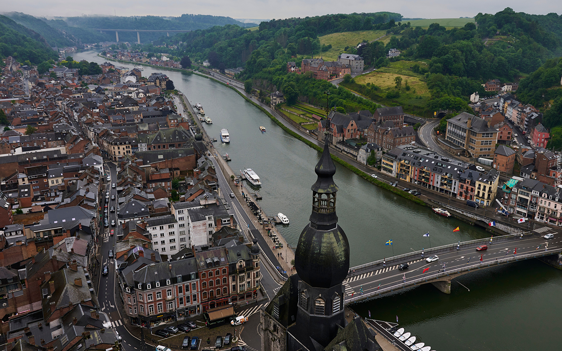 Belgia, Dinant, Rzeka Moza, Most, Domy