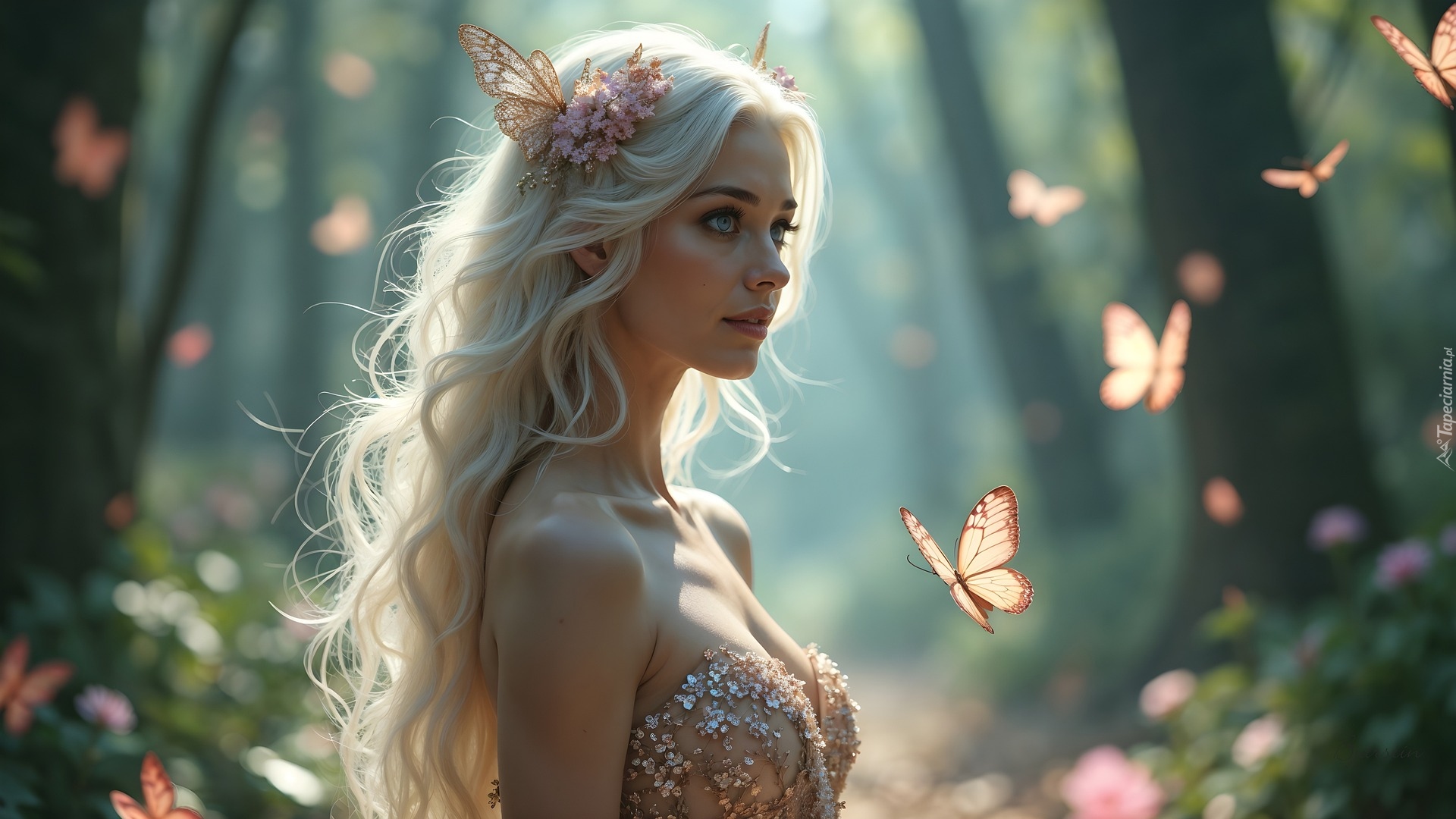 Kobieta, Blondynka, Motyle, Grafika AI