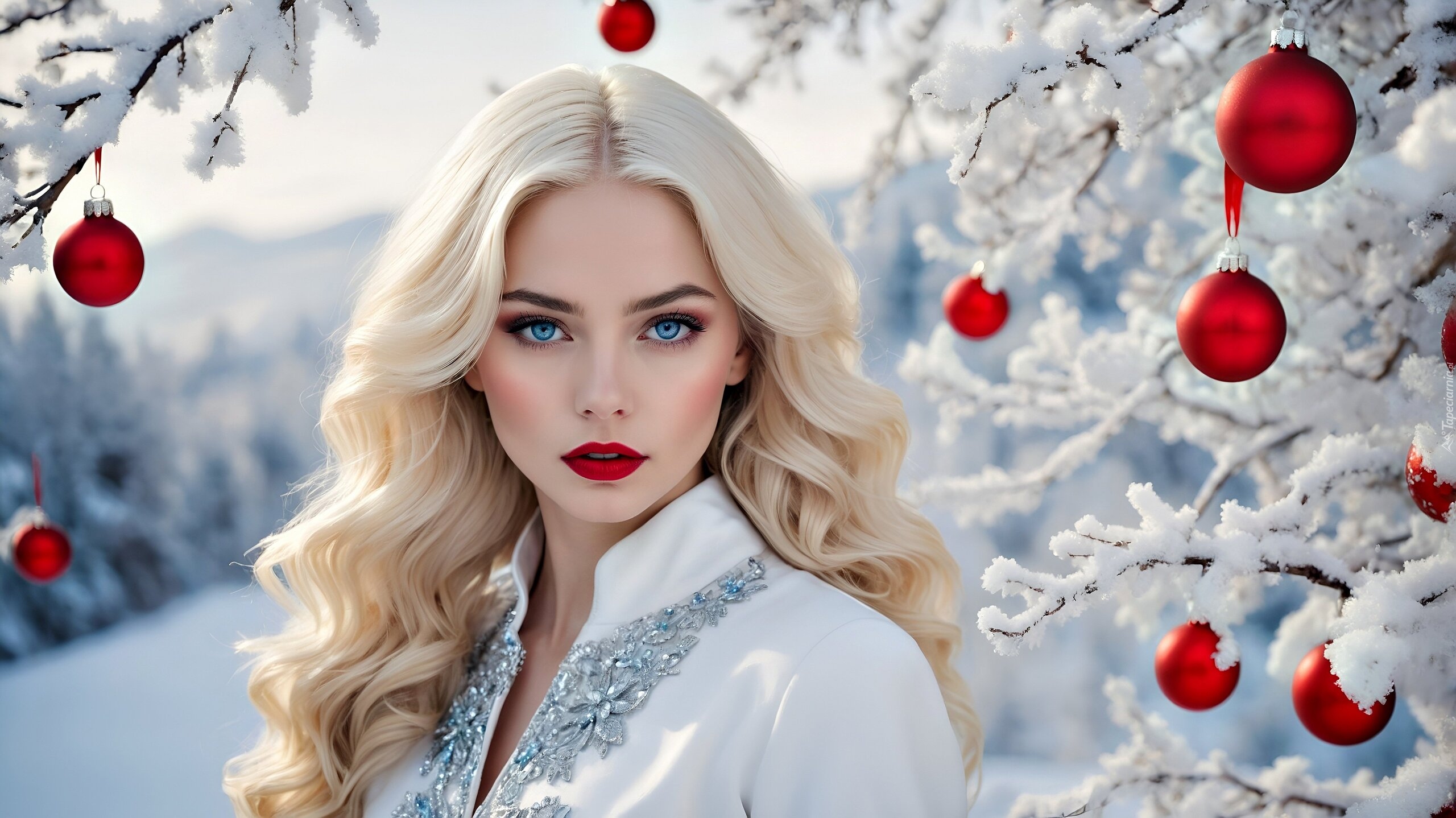 Kobieta, Blondynka, Czerwone, Bombki