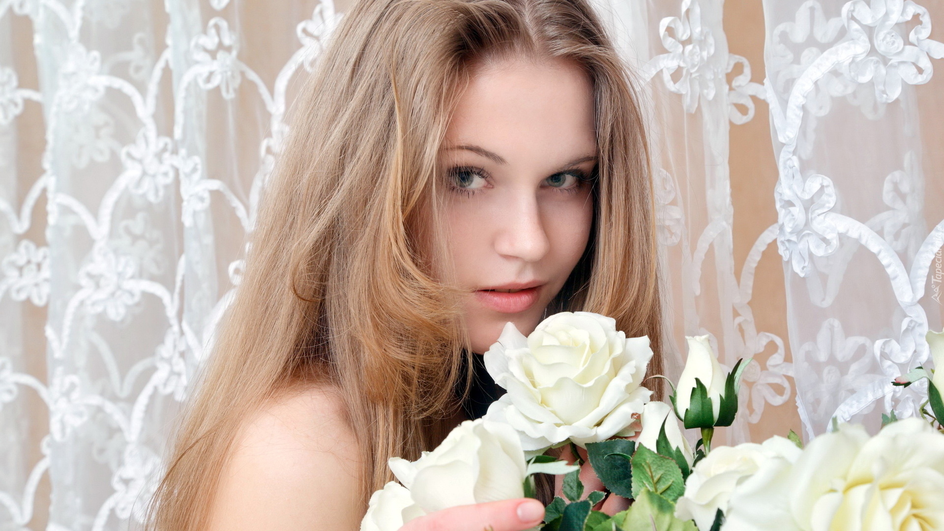 Dziewczyna, Bukiet, Białe, Róże