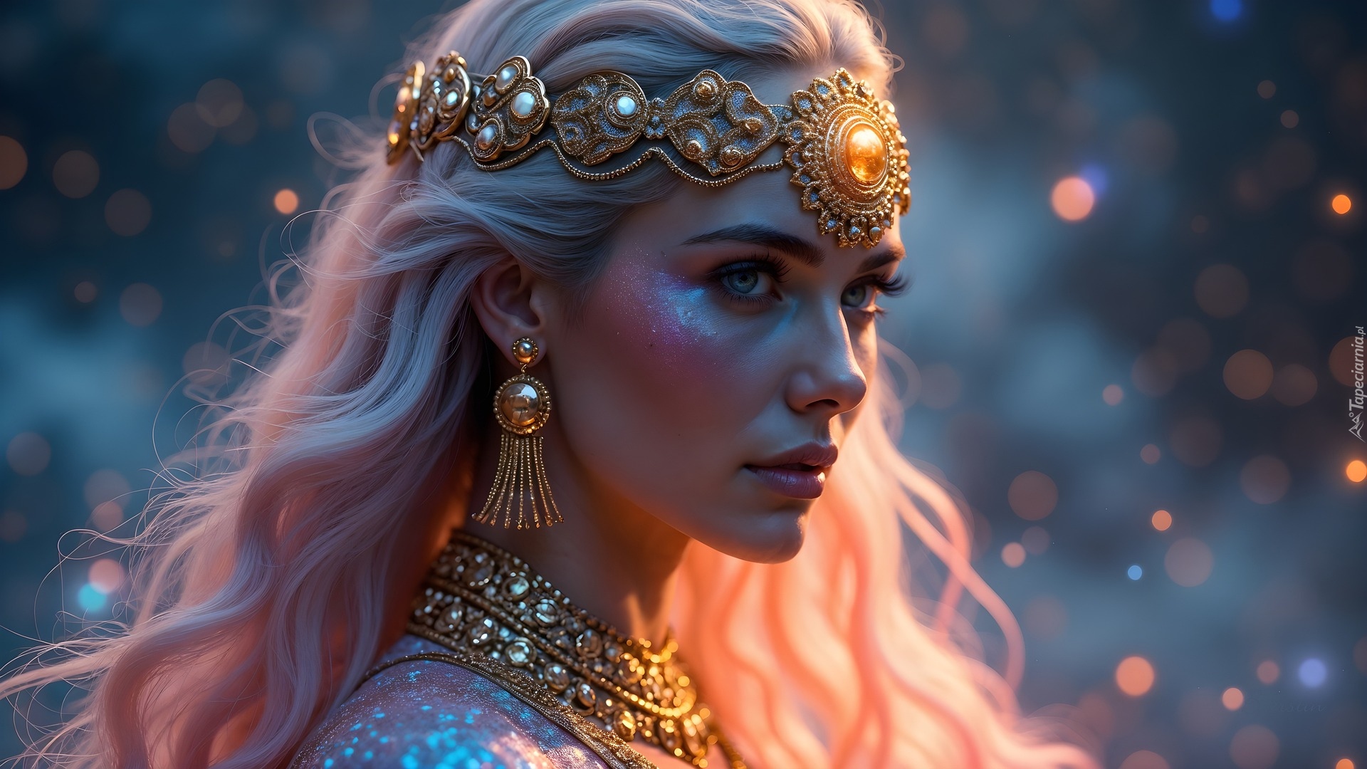 Kobieta, Blondynka, Diadem, Kolczyki, Naszyjnik, AI