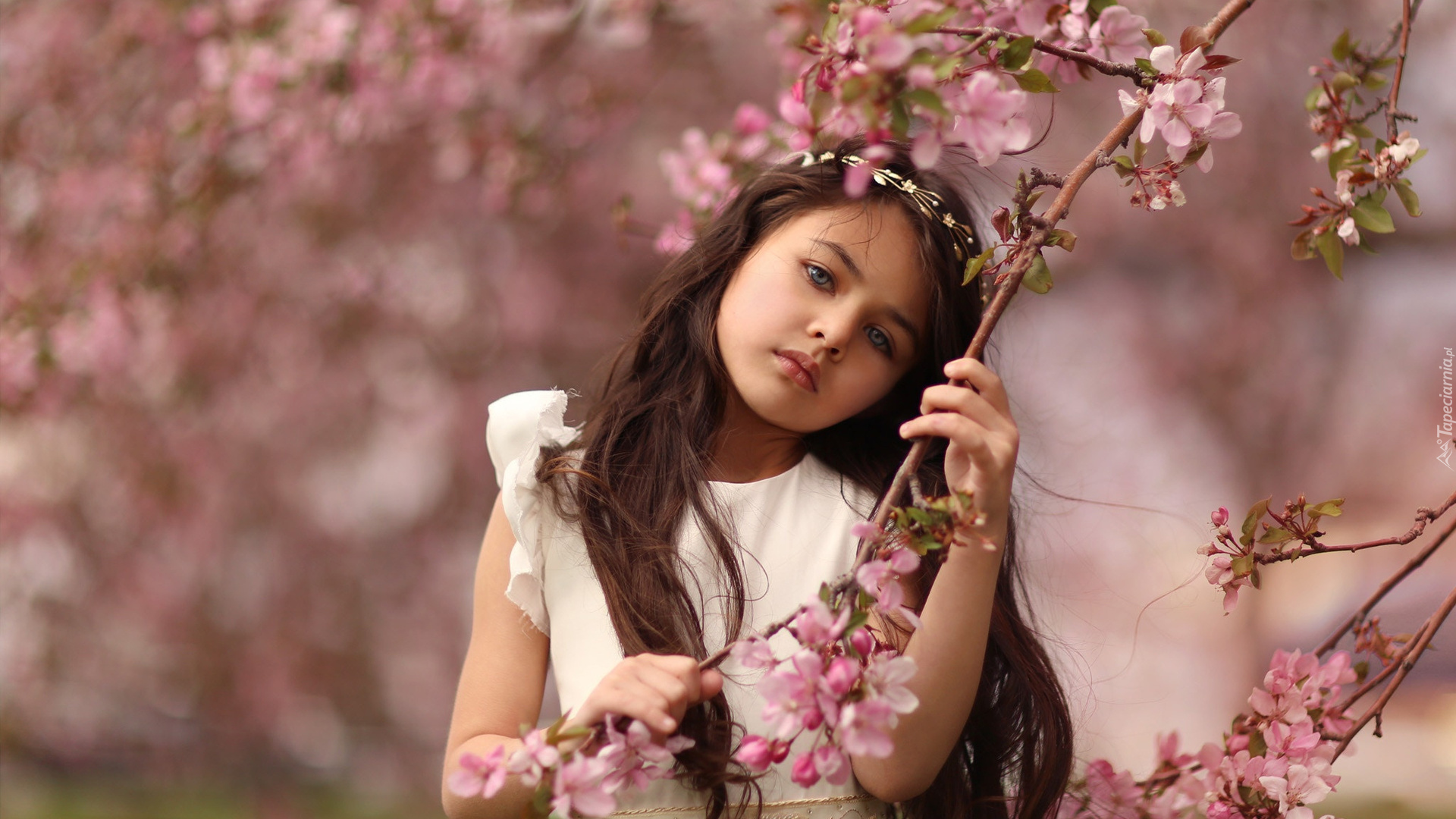 Dziewczynka, Gałązka, Kwiaty, Drzewo owocowe