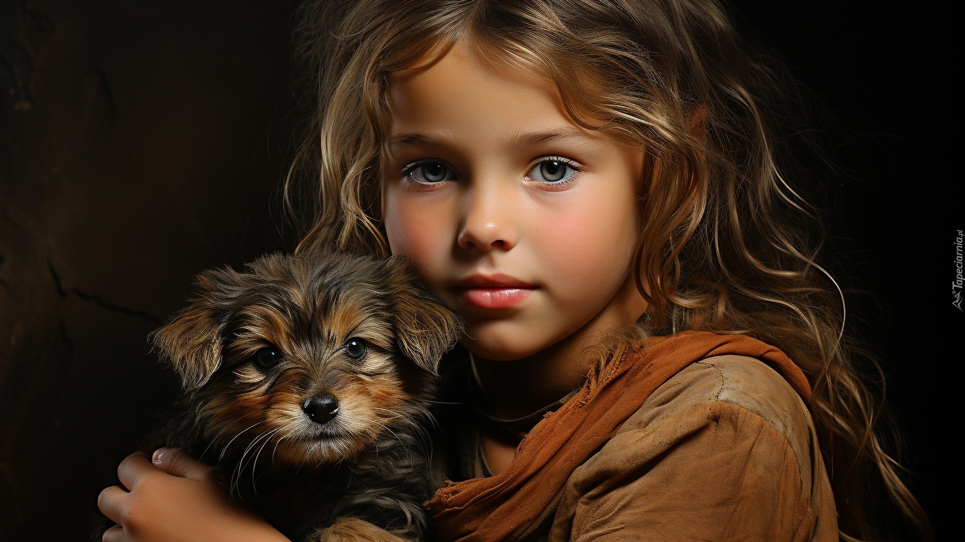 Dziecko, Długowłosa, Dziewczynka, Pies, Szczeniak