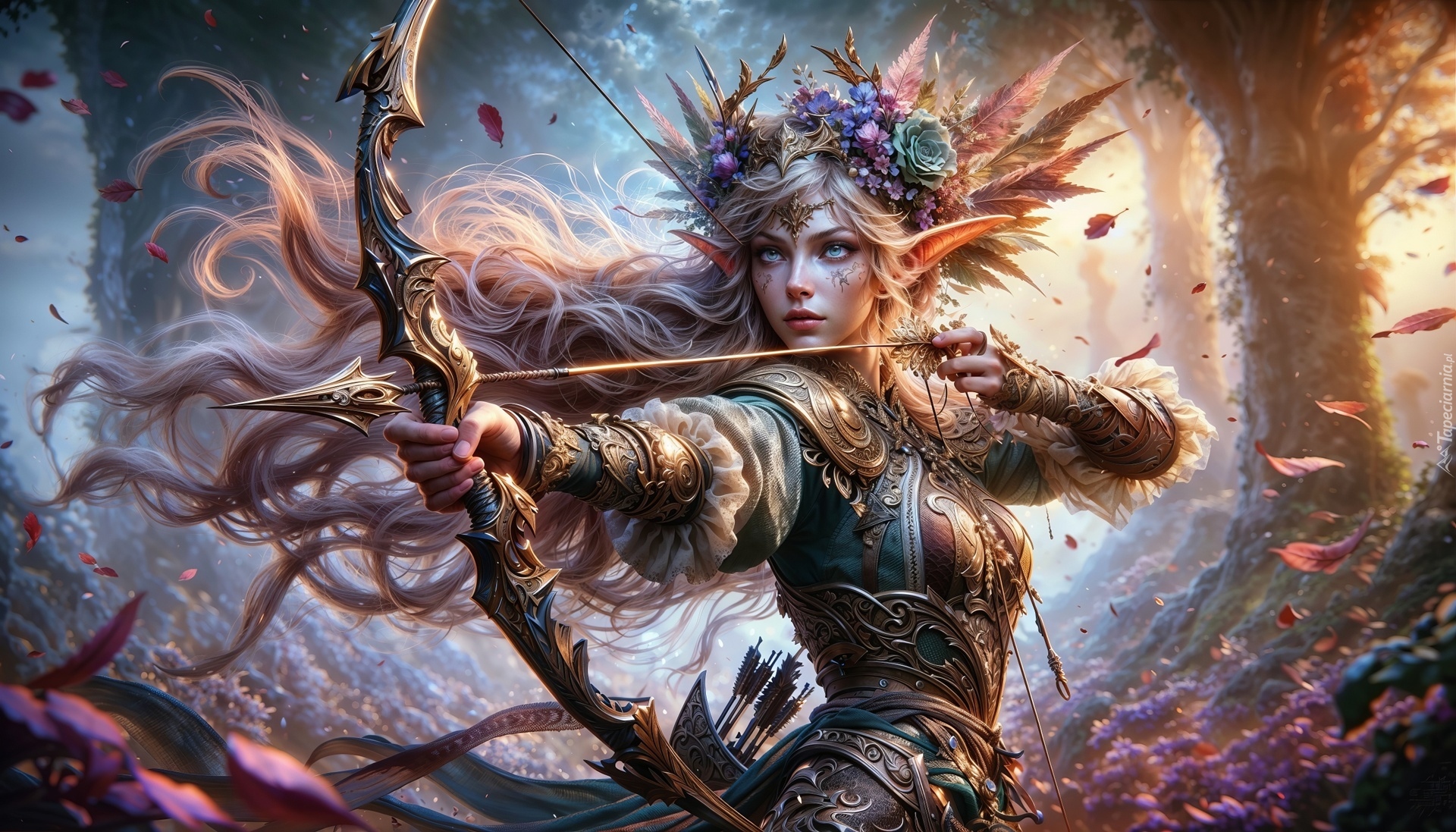 Dziewczyna, Elfka, Łuk, Wojowniczka, Grafika AI