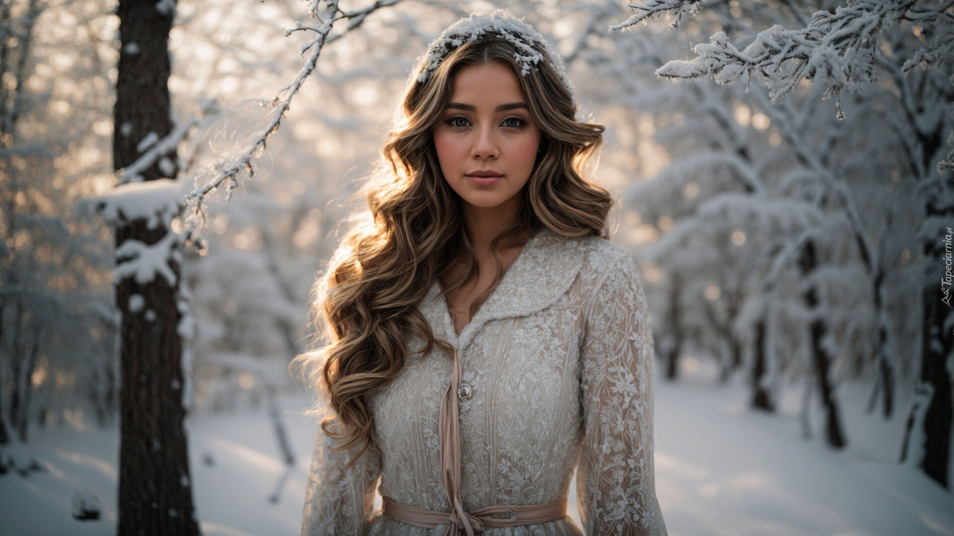 Zima, Kobieta, Długowłosa, Sukienka, Las, Śnieg