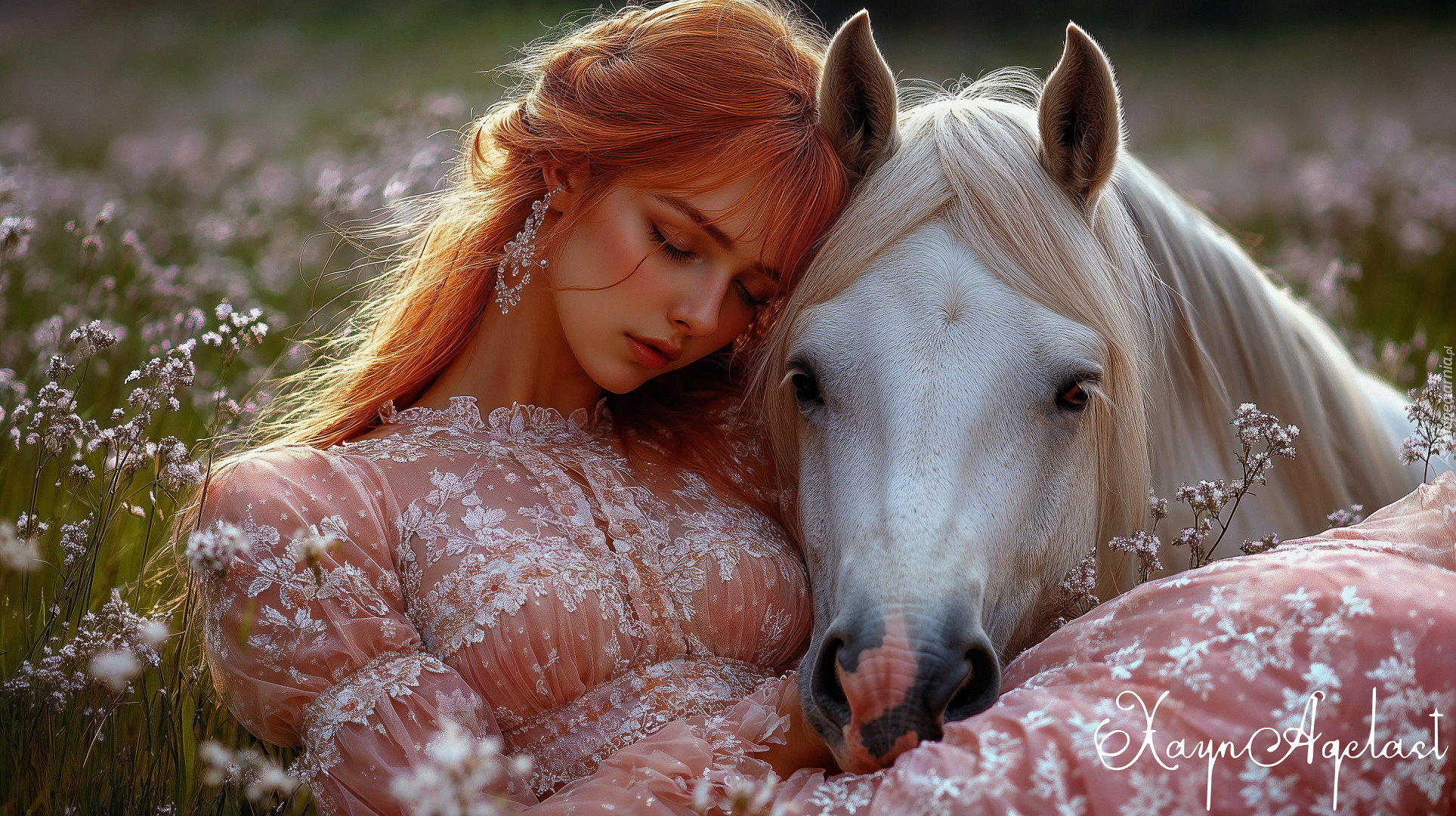 Śpiąca, Rudowłosa, Kobieta, Łąka, Biały, Koń