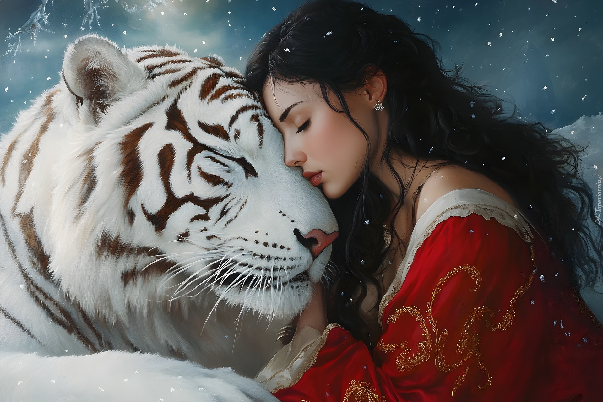 Dziewczyna, Czerwona, Bluzka, Biały, Tygrys