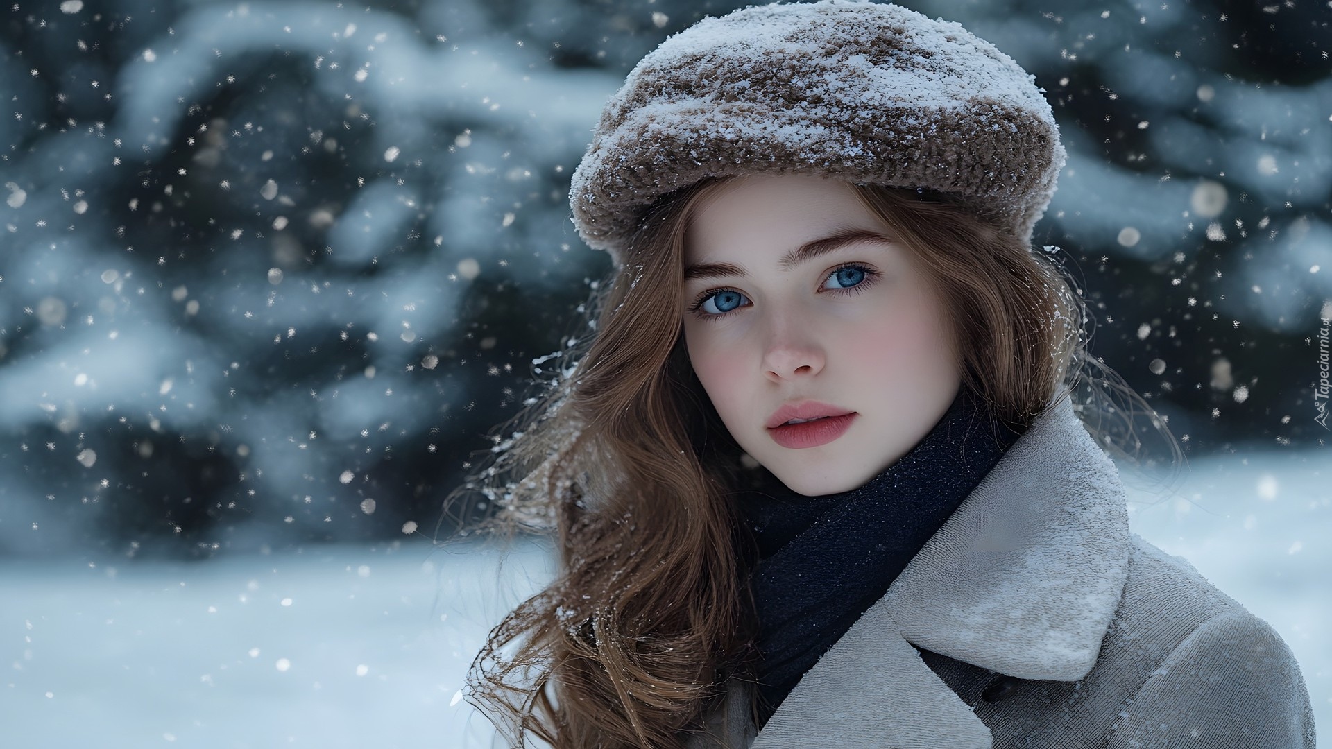 Kobieta, Długowłosa, Szatynka, Ośnieżona, Czapka, Szal, Płaszcz