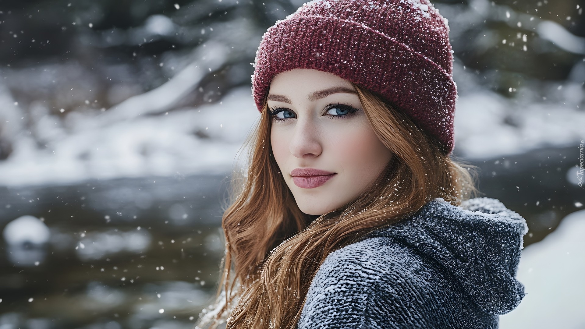 Długowłosa, Kobieta, Czapka, Sweter, Śnieg