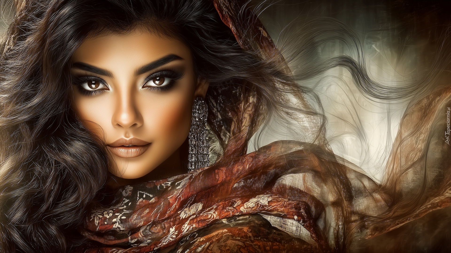 Kobieta, Twarz, Kolczyk, Chusta, Materiał, Grafika