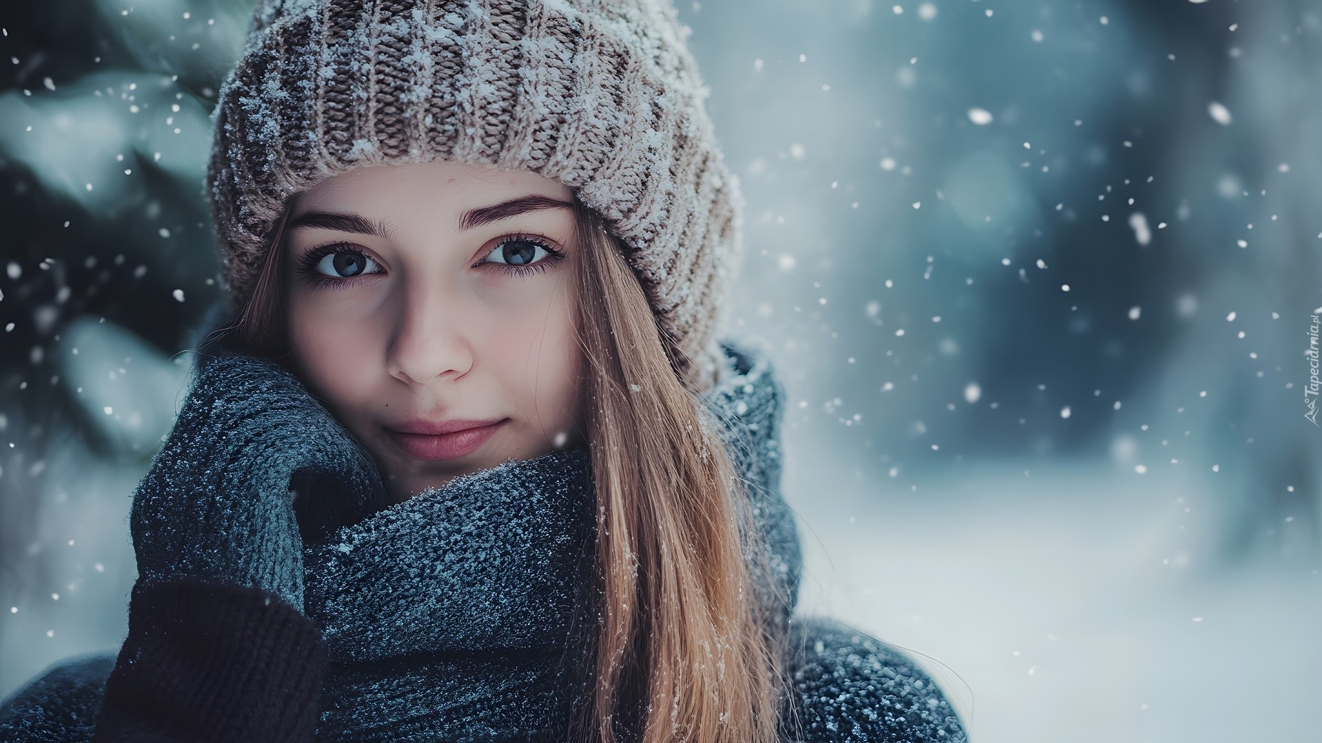 Długowłosa, Kobieta, Ośnieżona, Czapka, Szal, Rękawice