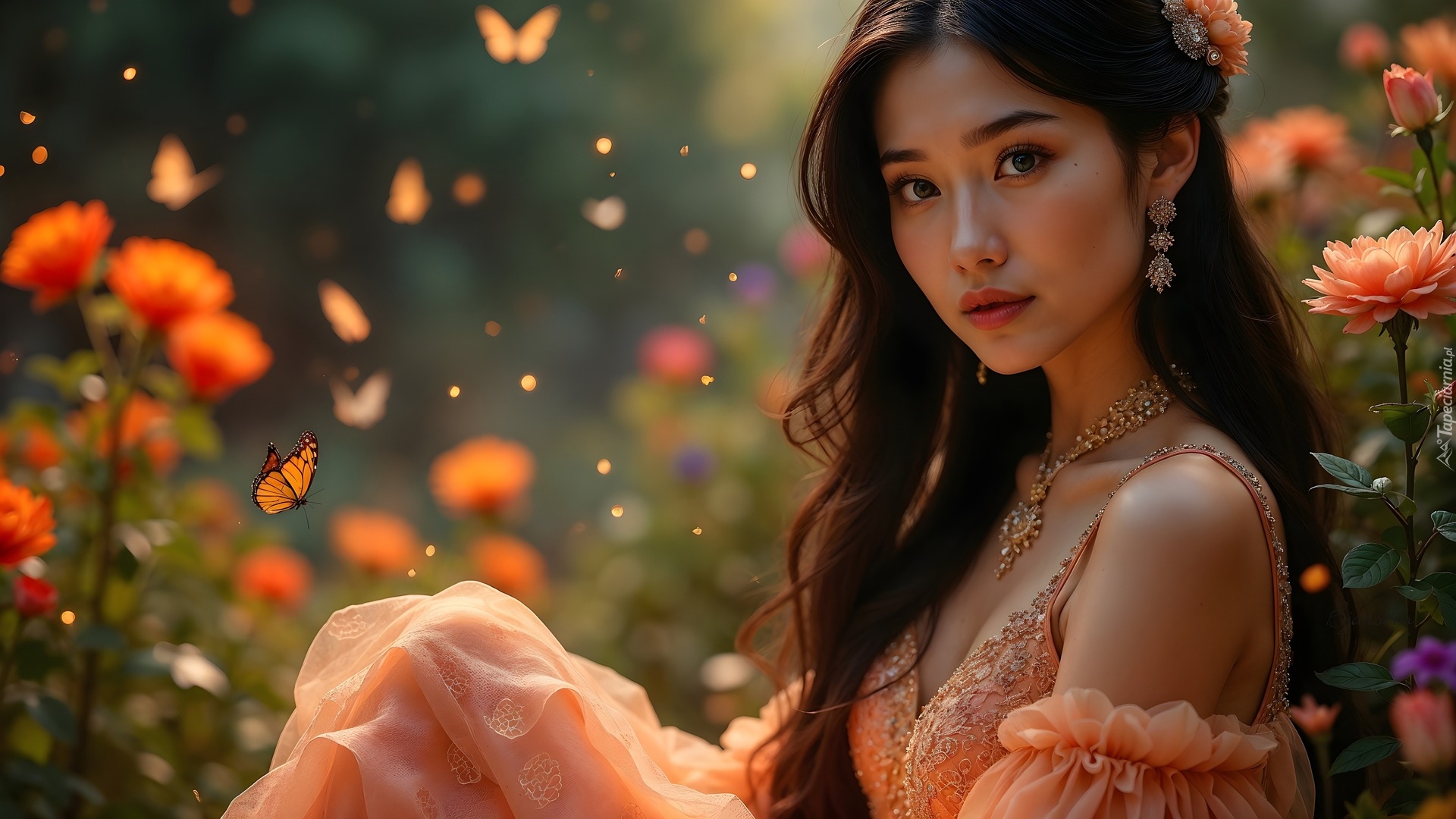 Kobieta, Szatynka, Długie, Włosy, Biżuteria, Naszyjnik, Motyle, Kwiaty, AI