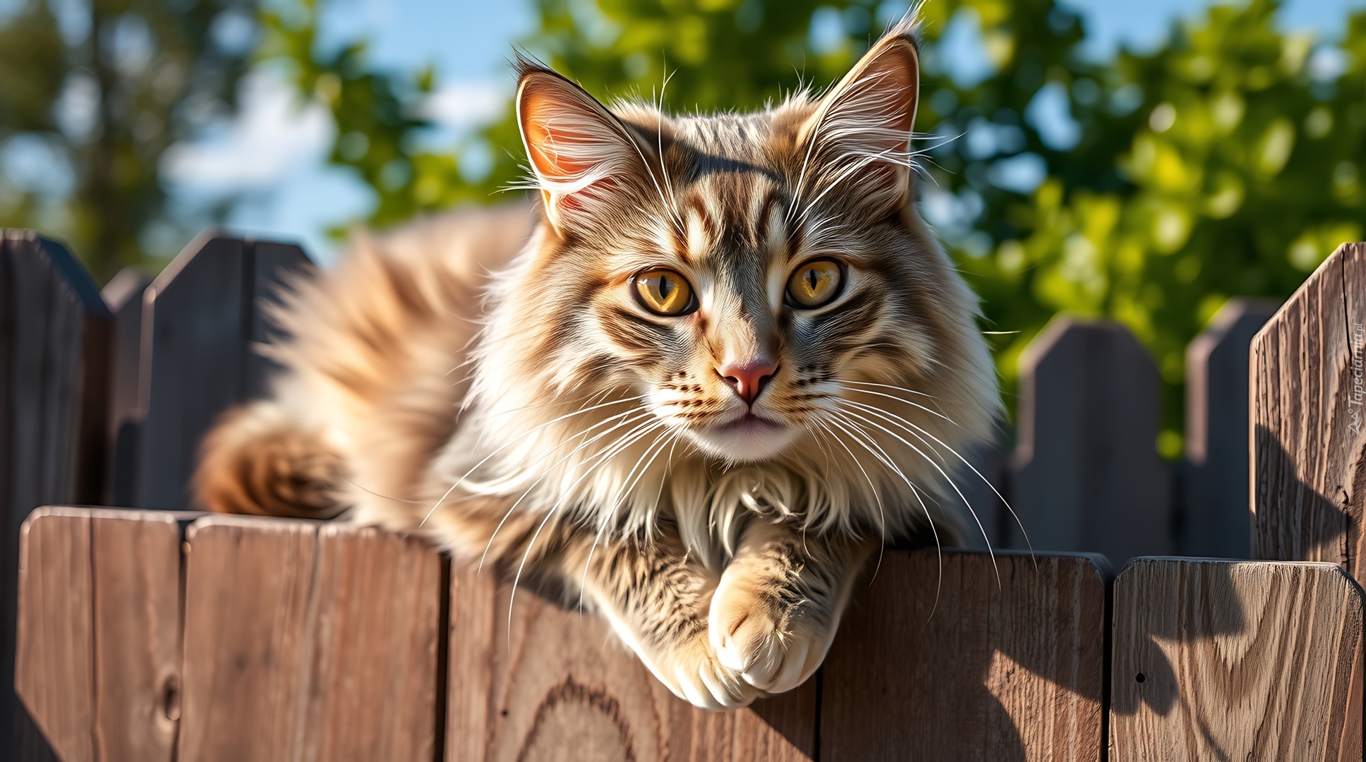 Długowłosy, Kot, Drewniany, Płot, Grafika AI