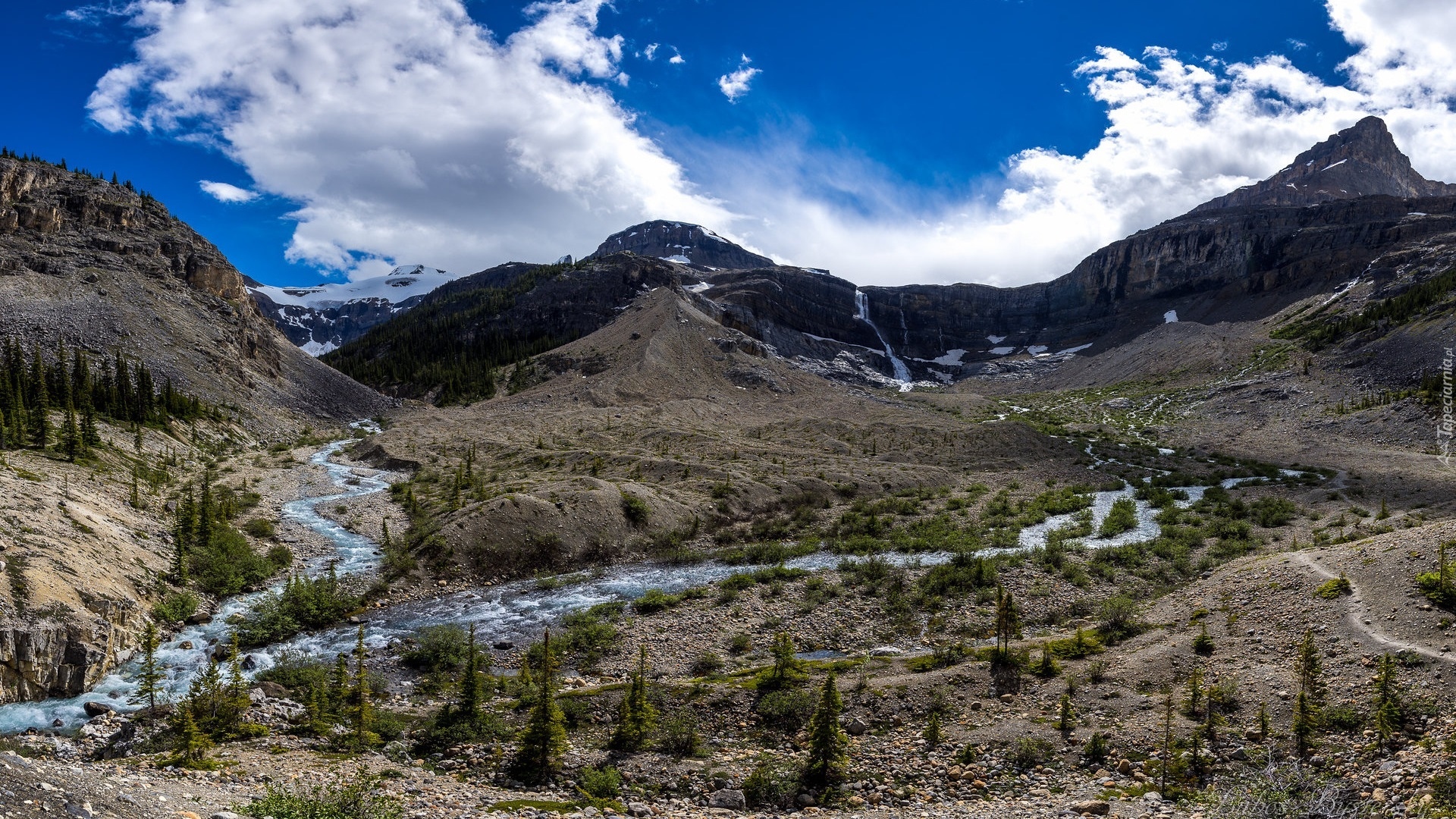 Góry, Rzeki, Dolina, Bow Glacier Falls Valley, Park Narodowy Banff, Prowincja Alberta, Kanada