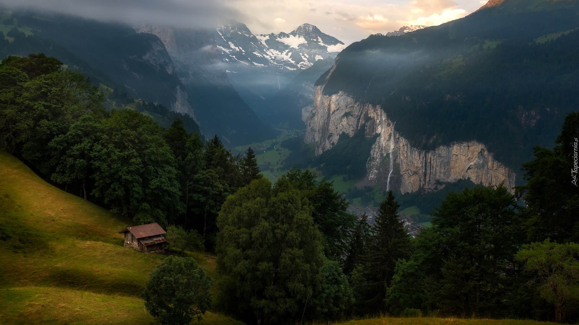 Gmina Lauterbrunnen, Wengen, Góry, Alpy Berneńskie, Dolina Lauterbrunnen, Lasy, Drzewa, Domy, Szwajcaria