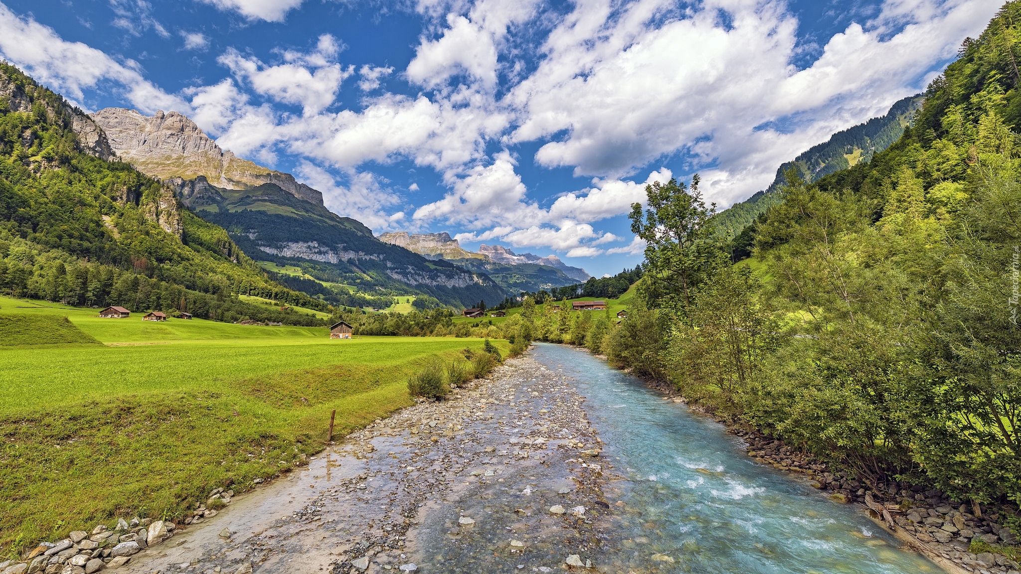Rzeka, Domy, Polana, Góry, Dolina Linth, Szwajcaria