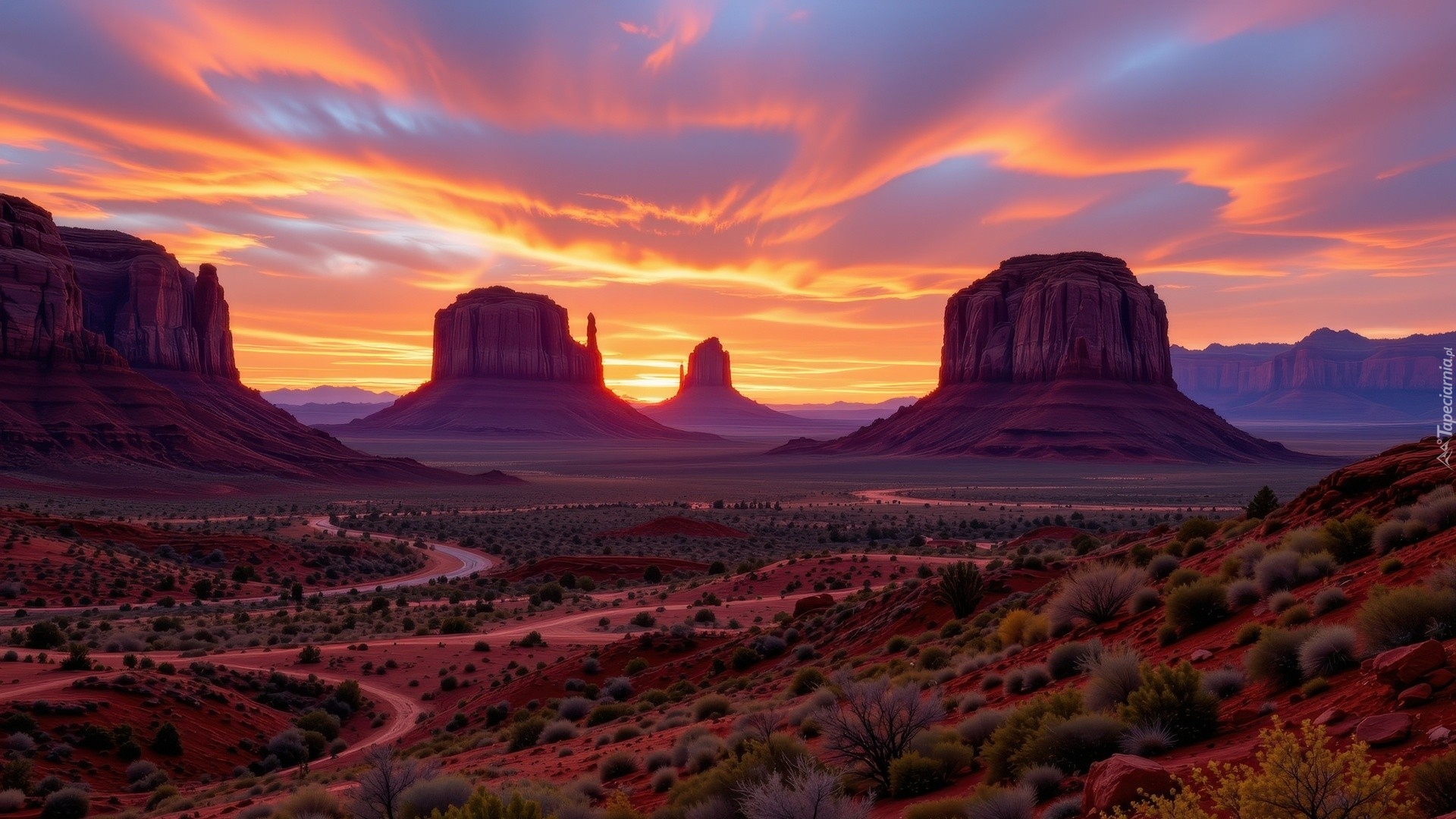 Stany Zjednoczone, Arizona, Wyżyna Kolorado, Dolina Skał, Monument Valley, Skały, Zachód słońca, AI