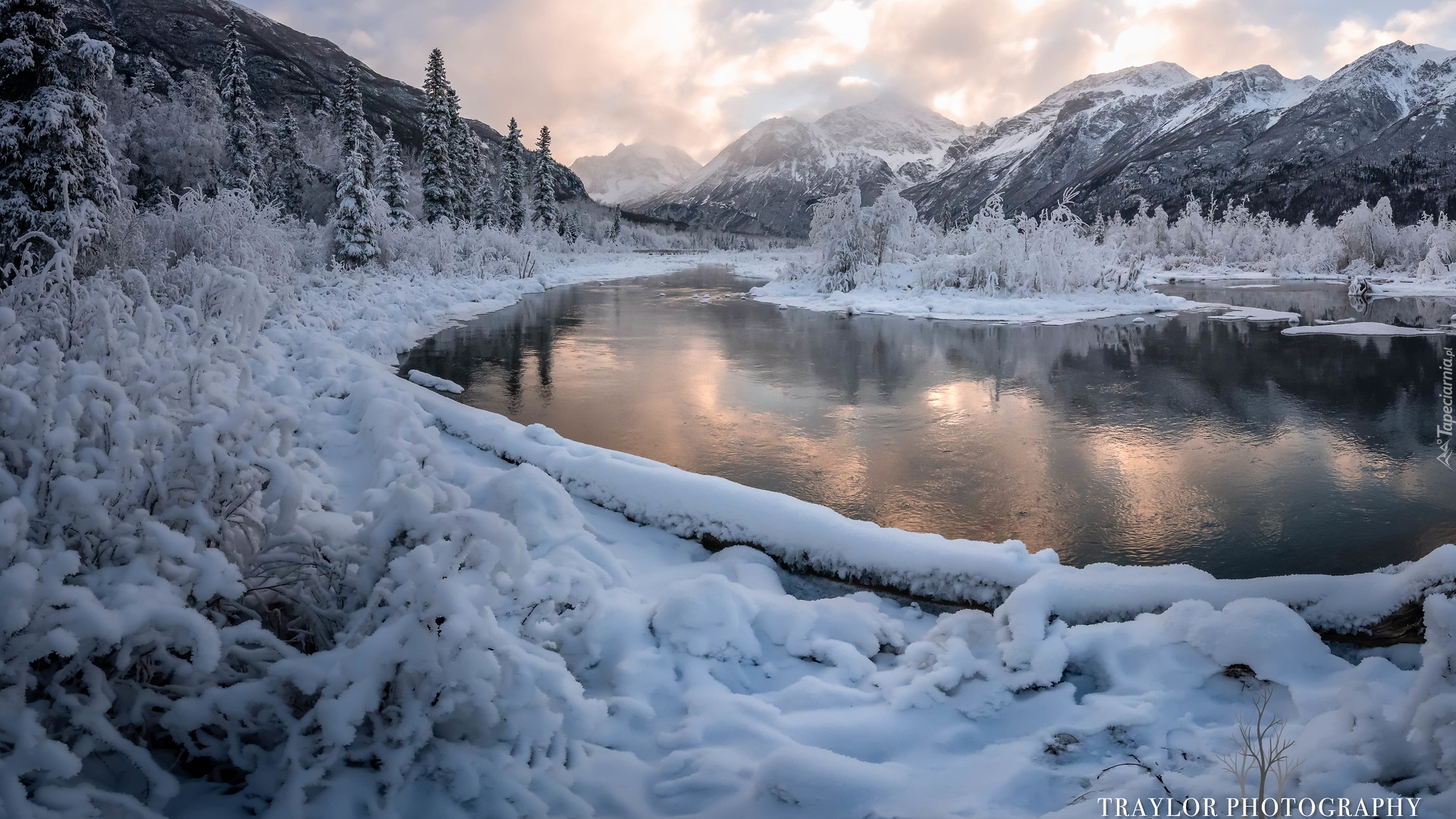 Zima, Rzeka, Eagle River, Dolina, Góry, Ośnieżone, Drzewa, Krzewy, Alaska, Stany Zjednoczone