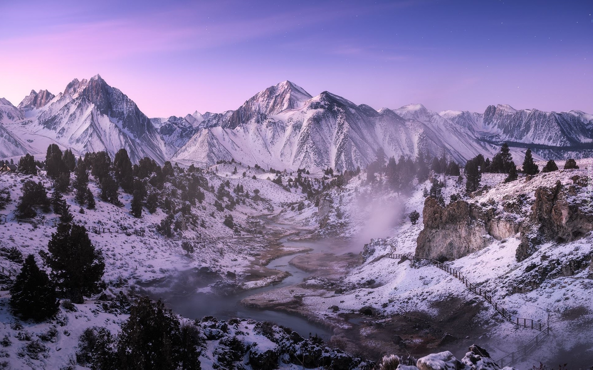 Stany Zjednoczone, Kalifornia, Hrabstwo Mono, Miejscowość Mammoth Lakes, Góry, Zima, Dolina, Rzeka, Hot Creek, Lasy państwowe, Inyo National Forest