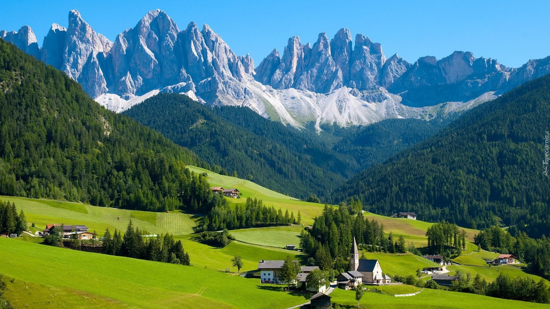 Włochy, Dolomity, Dolina Val di Funes, Wieś Santa Maddalena, Góry, Lasy, Drzewa, Domy, Kościół