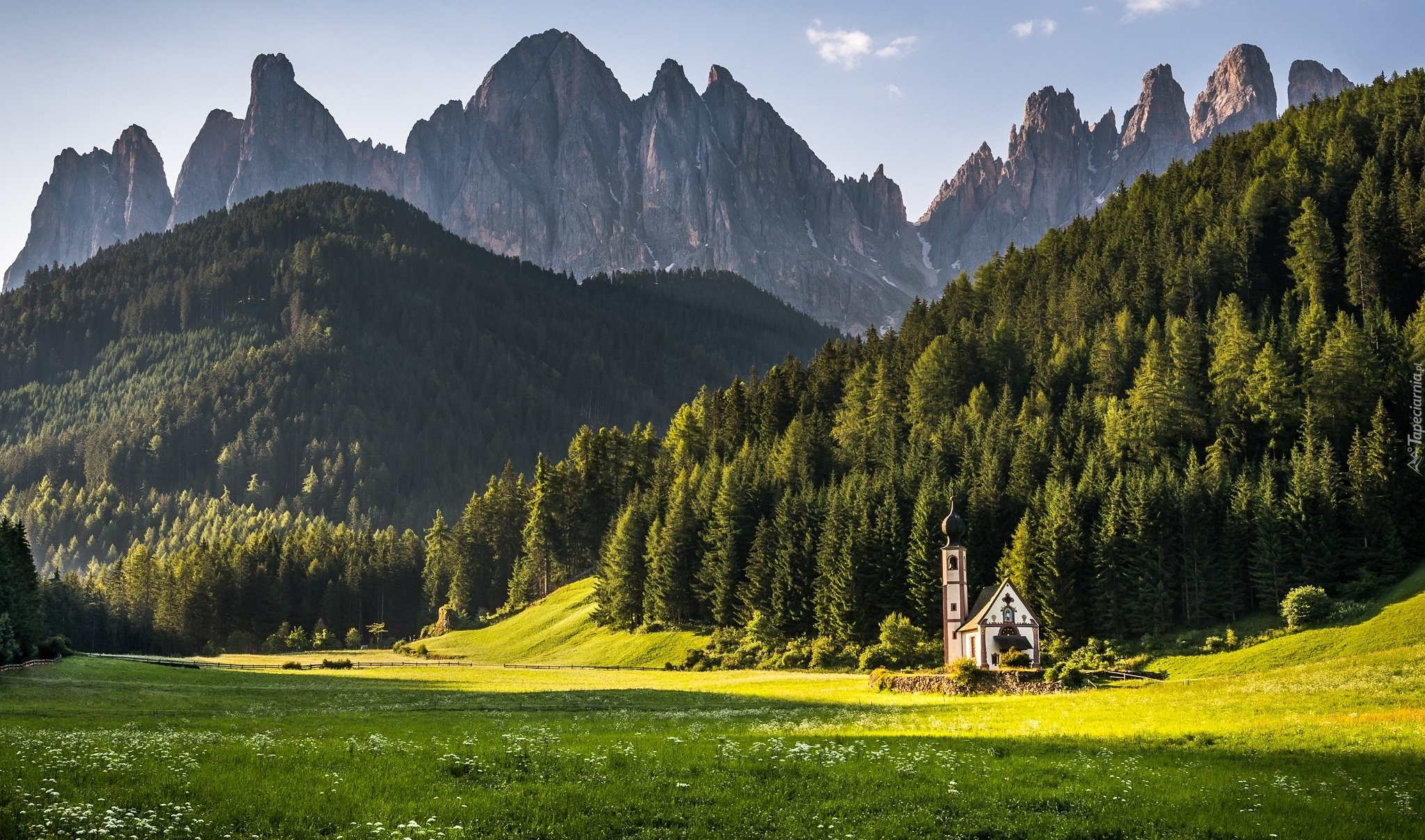 Włochy, Dolina Val di Funes, Kościół św. Jana, Dolomity, Góry, Las, Drzewa