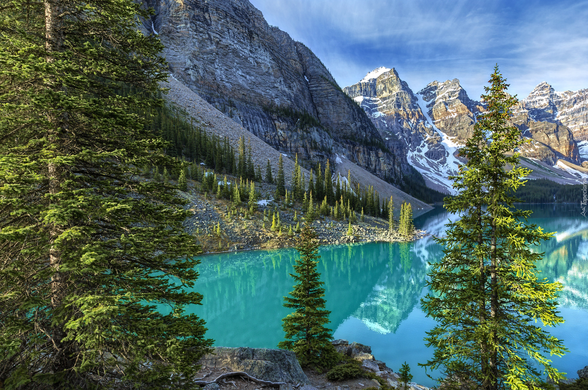 Kanada, Alberta, Park Narodowy Banff, Jezioro Moraine, Dolina Valley of the Ten Peaks, Dolina Dziesięciu Szczytów, Las, Drzewa, Góry, Odbicie