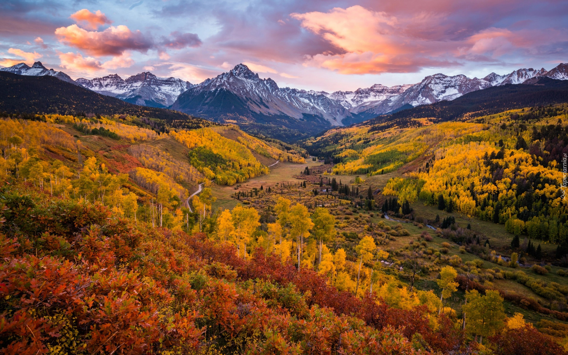 Jesień, Chmury, Góry, San Juan Mountains, Góra, Mount Sneffels, Dolina, Las, Kolorowe, Drzewa, Kolorado, Stany Zjednoczone