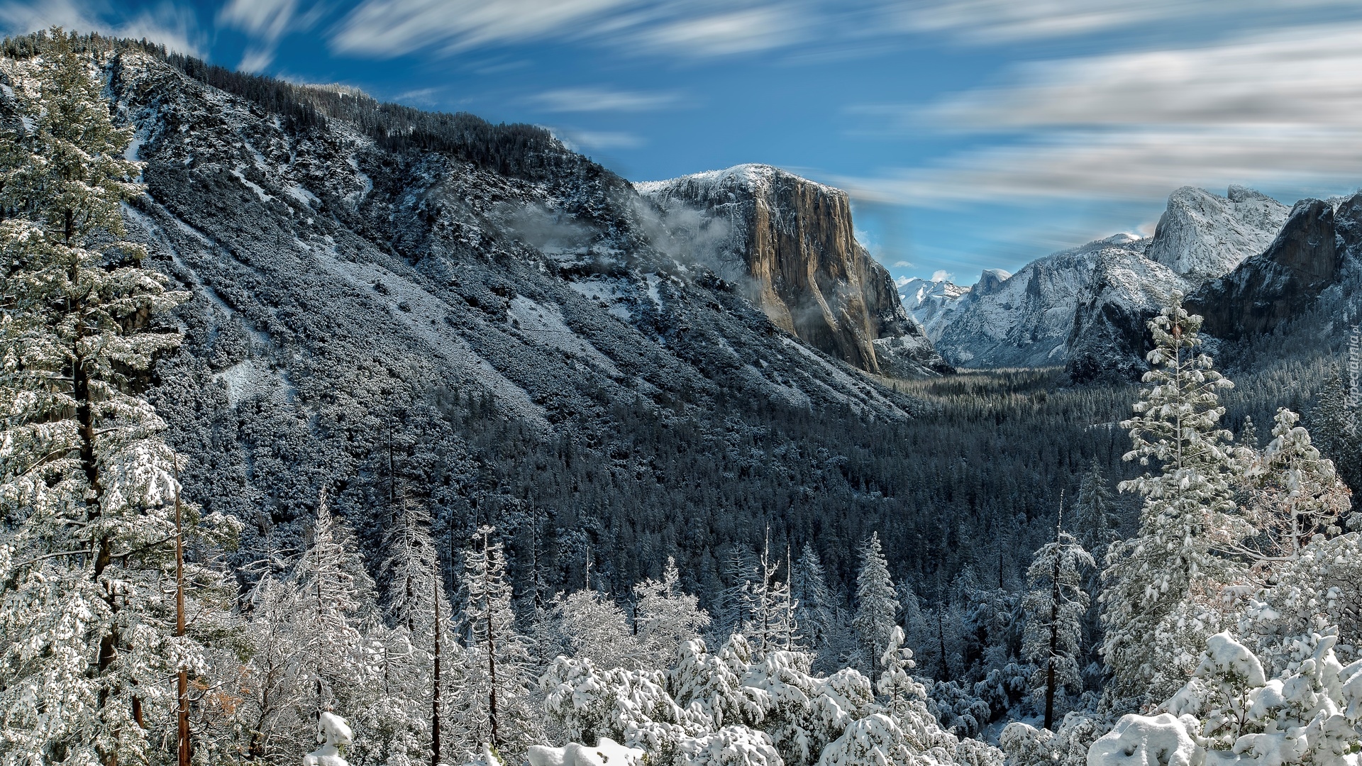 Park Narodowy Yosemite, Zima, Góry, Dolina Yosemite Valley, Drzewa, Stan Kalifornia, Stany Zjednoczone