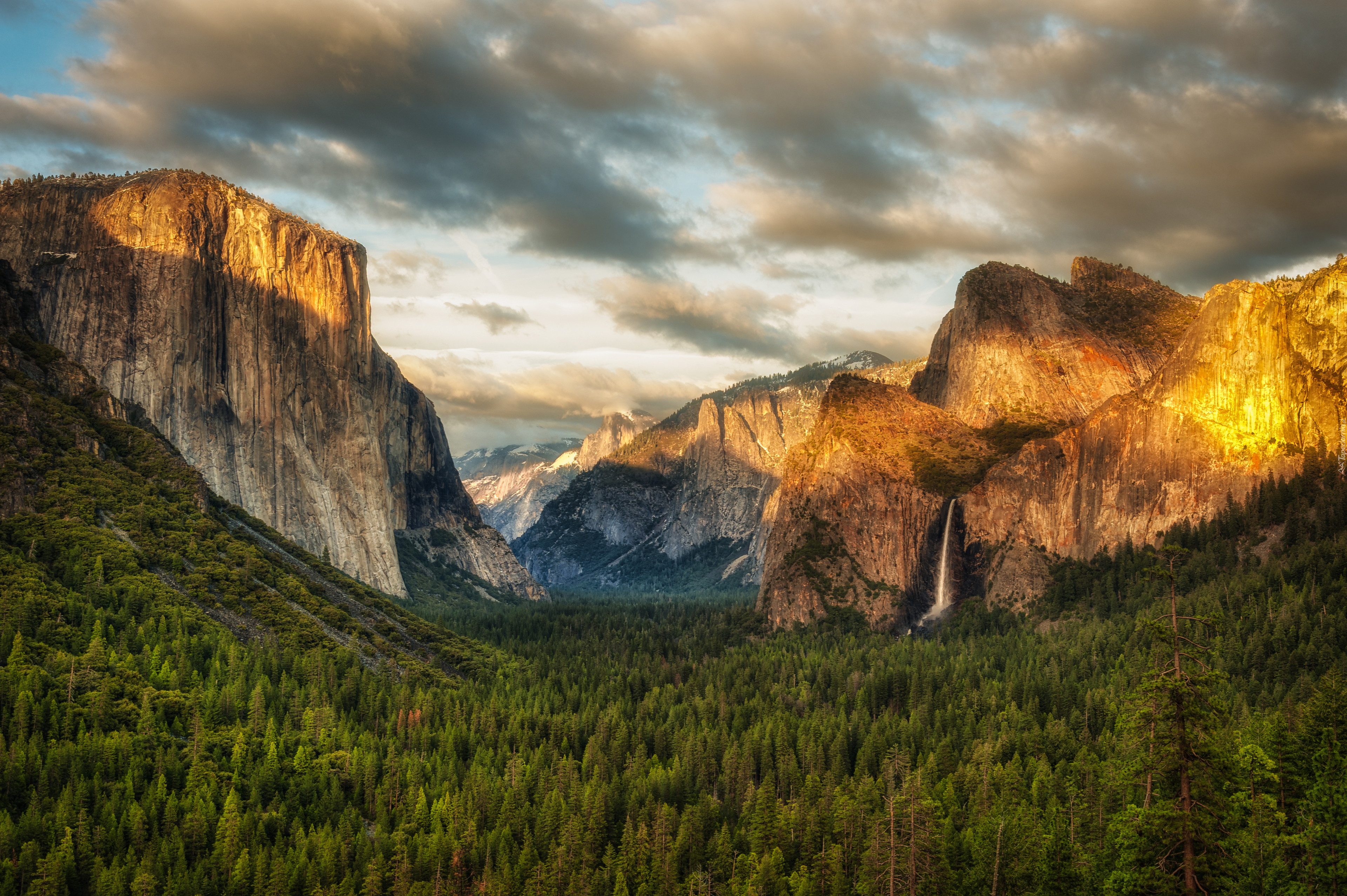 Park Narodowy Yosemite, Dolina Yosemite Valley, Drzewa, Lasy, Wodospad, Stan Kalifornia, Stany Zjednoczone