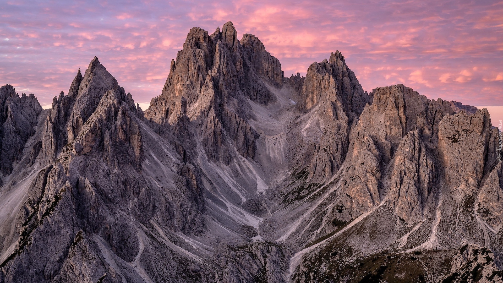 Włochy, Południowy Tyrol, Góry Dolomity, Wschód słońca, Skały