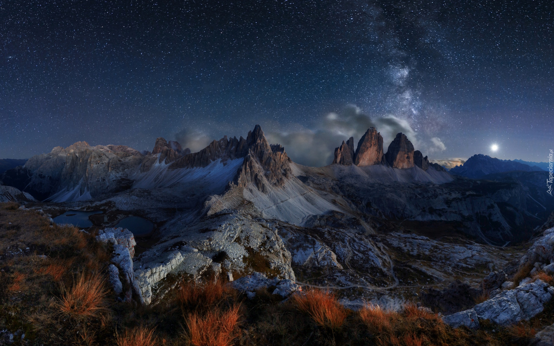 Góry, Dolomity, Tre Cime di Lavaredo, Noc, Niebo, Gwiazdy, Droga Mleczna, Włochy