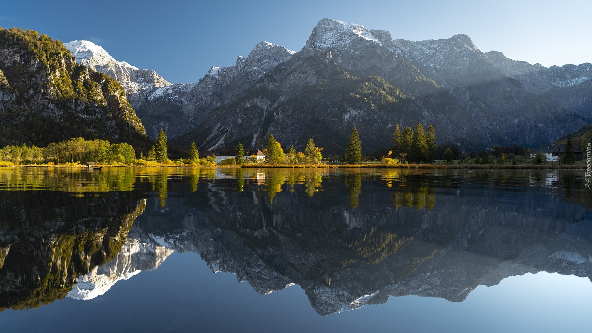 Góry, Jezioro, Lake Almsee, Drzewa, Dom, Odbicie, Austria