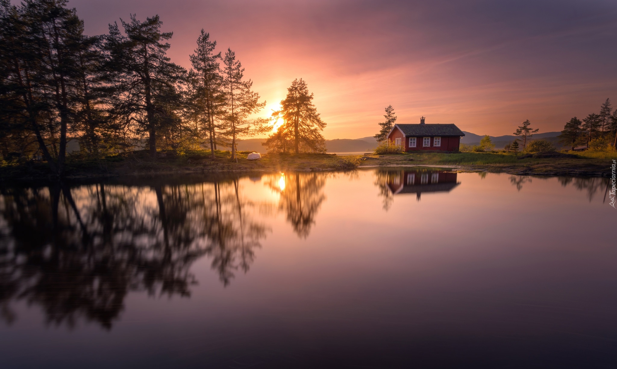 Norwegia, Ringerike, Jezioro Vaeleren, Zachód słońca, Drzewa, Dom, Odbicie