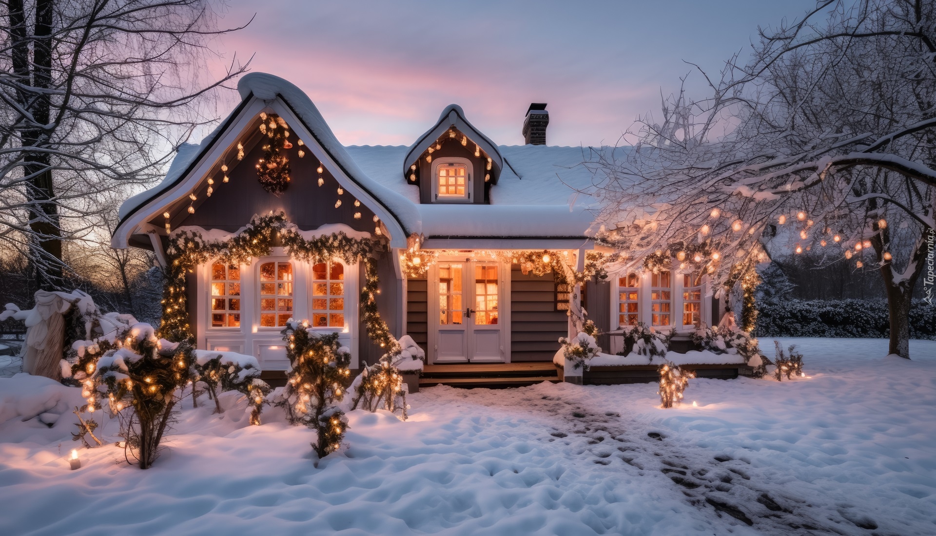 Zima, Dom, Drzewa, Światła, Święta