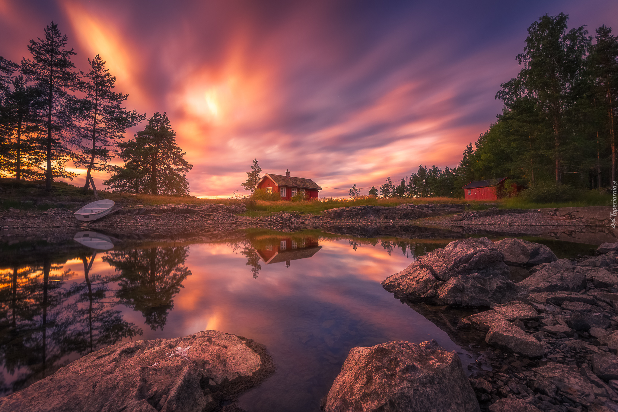 Norwegia, Ringerike, Jezioro Vaeleren, Zachód słońca,  Drzewa, Łódka, Dom