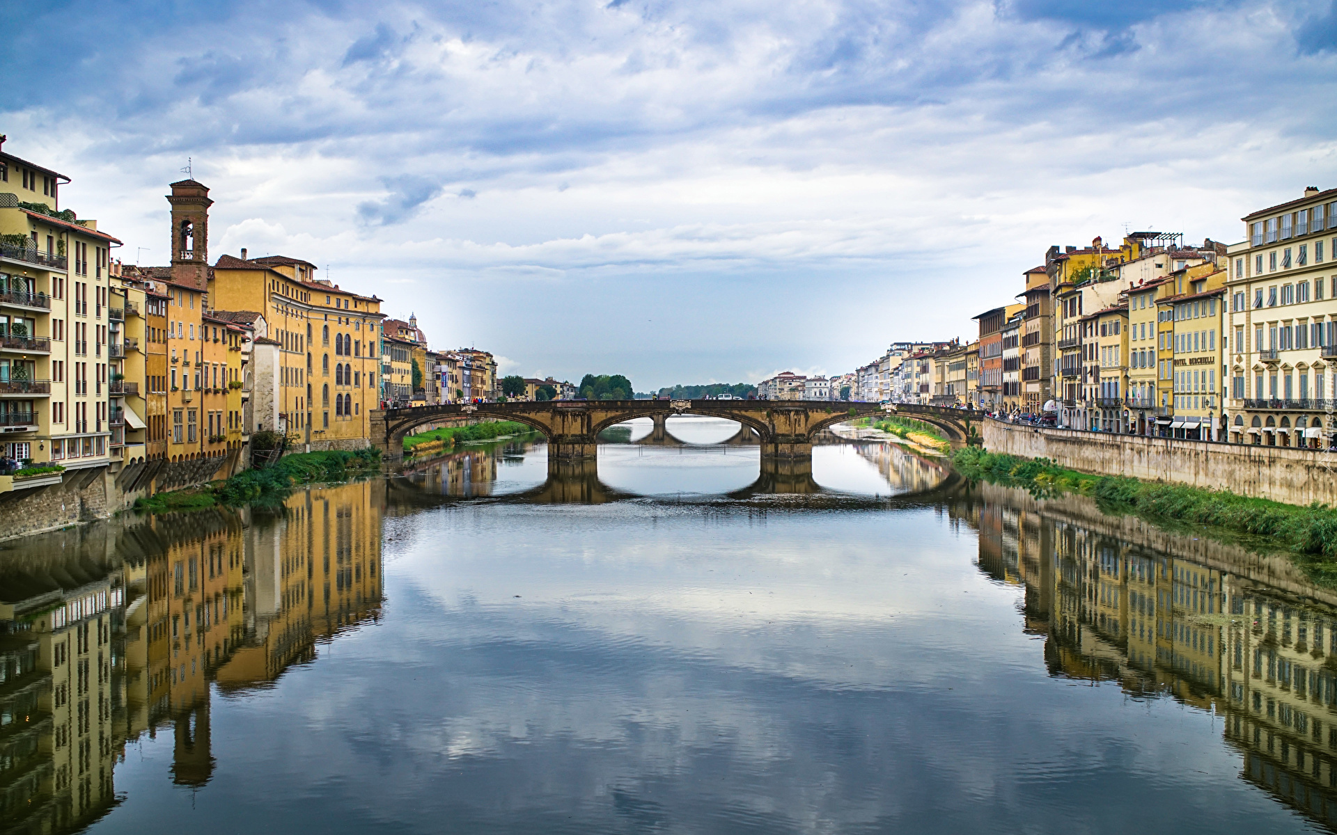 Włochy, Florencja, Rzeka Arno, Most, Domy, Odbicie