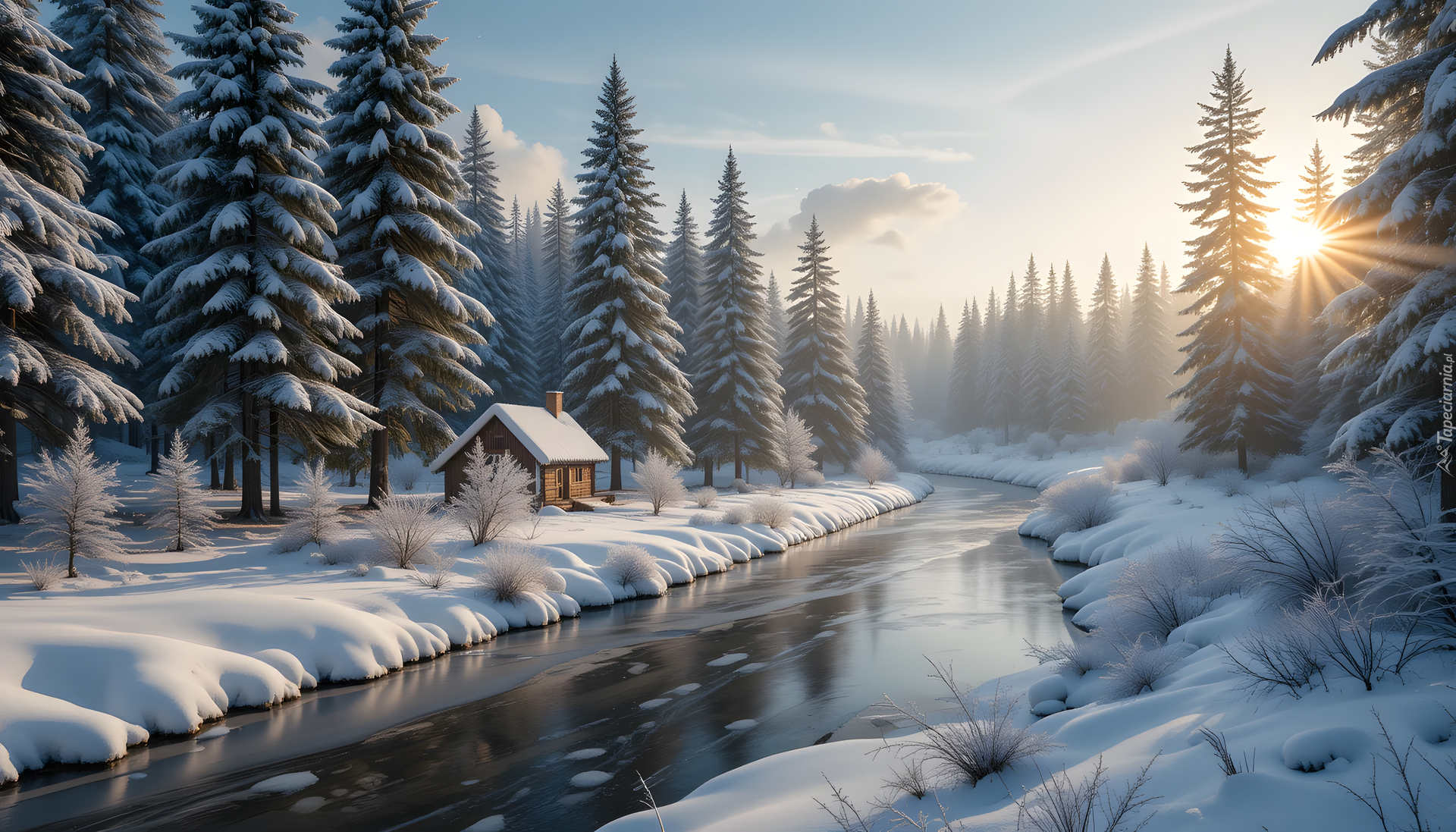 Zima, Rzeka, Dom, Las, Ośnieżone, Drzewa, Krzewy, Promienie słońca