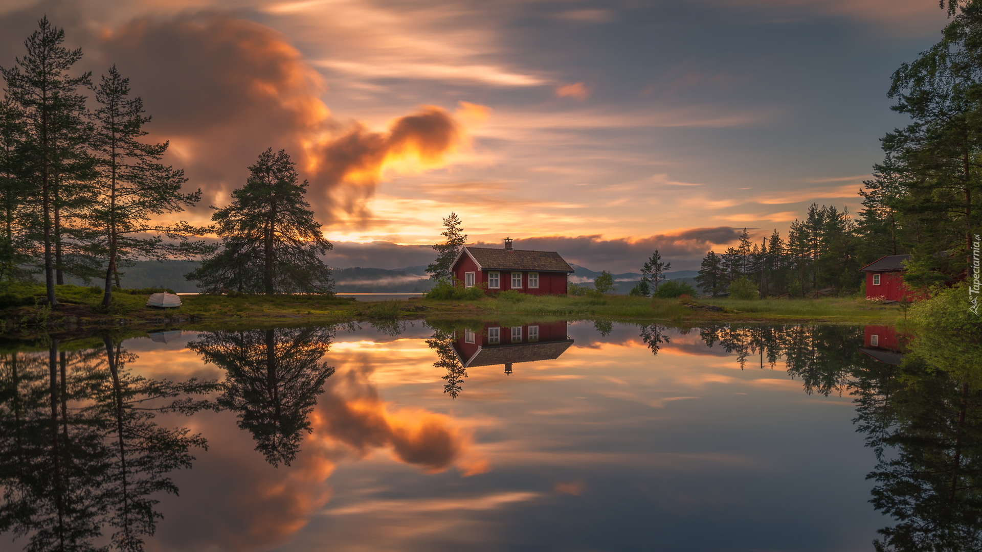 Zachód słońca, Jezioro Vaeleren, Chmury, Dom, Drzewa, Odbicie, Gmina Ringerike, Norwegia