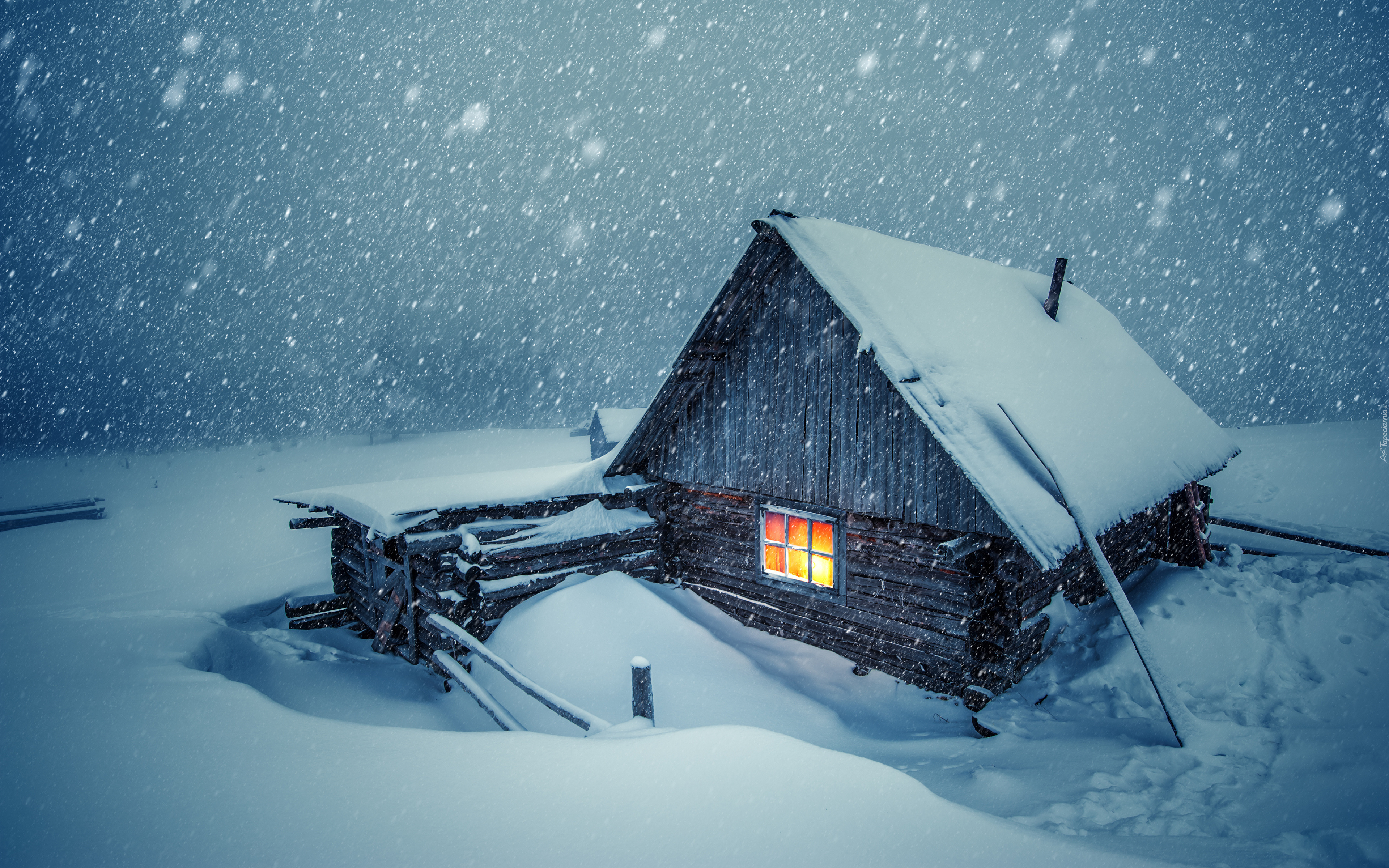 Dom, Okno, Światło, Zima, Śnieg