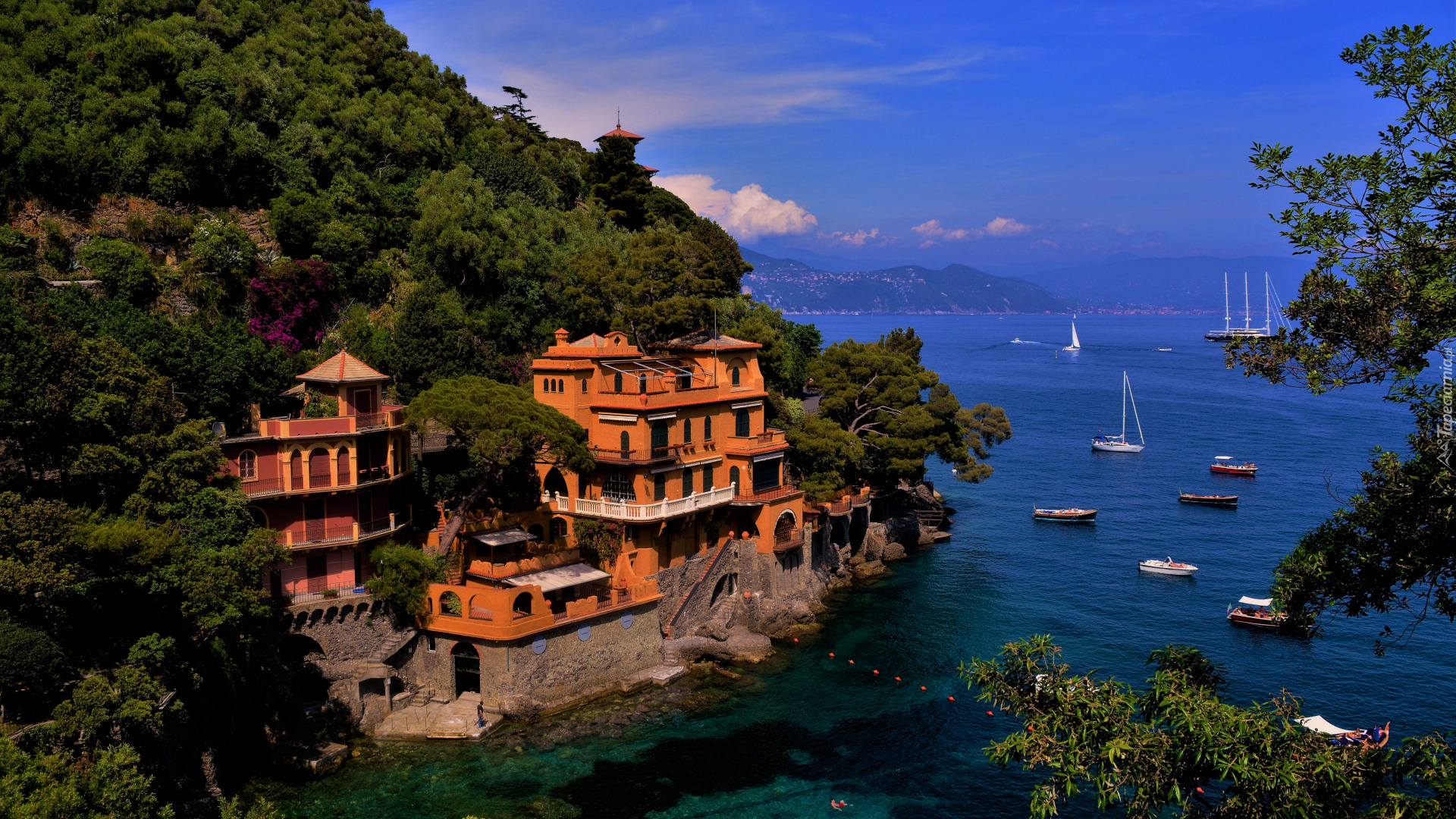 Włochy, Liguria, Portofino, Domy, Morze, Łódki Domy