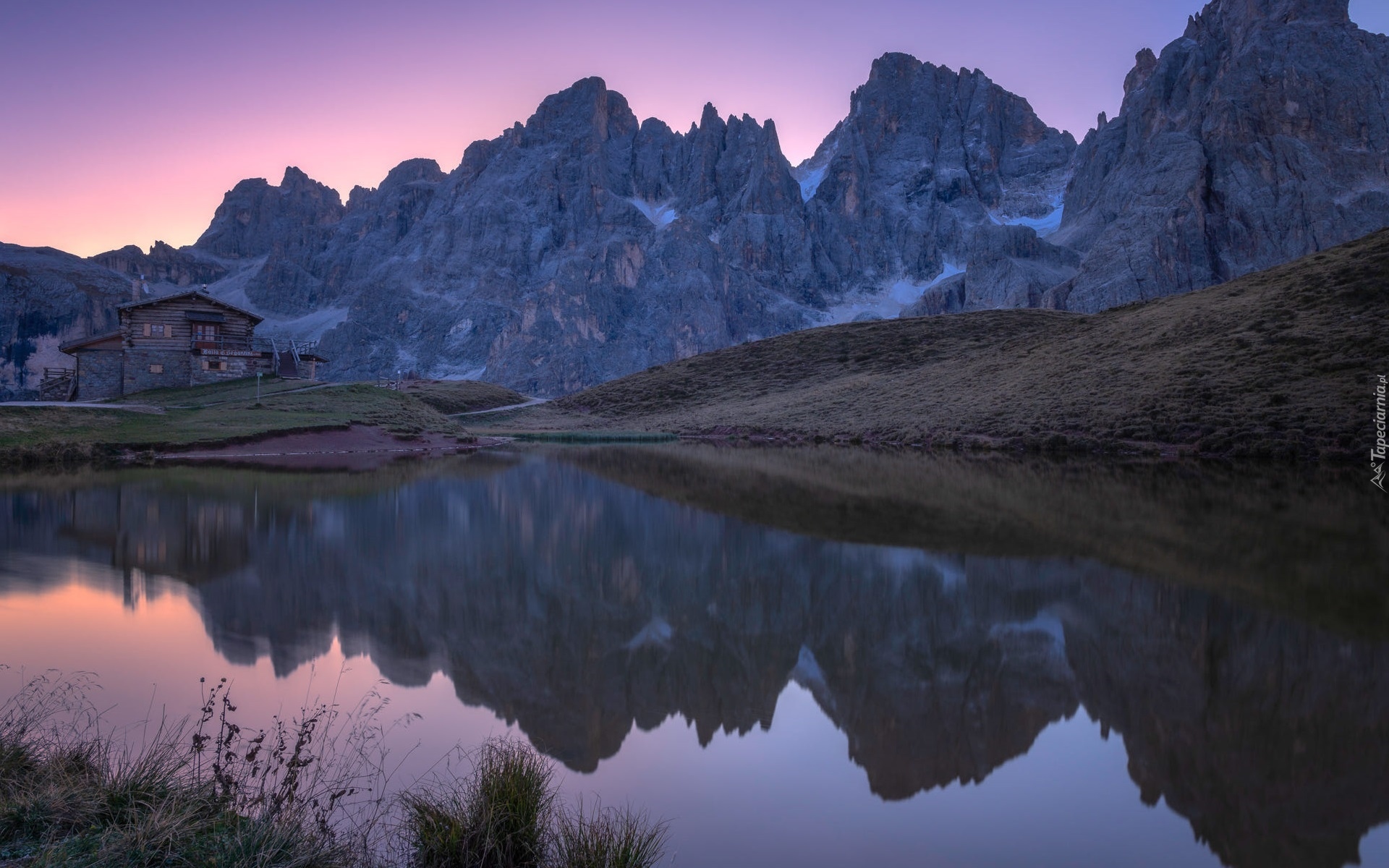 Włochy, Góry, Dolomity, Szczyt, Cimon della Pala, Jezioro, Schronisko Baita Segantini, Dom, Odbicie