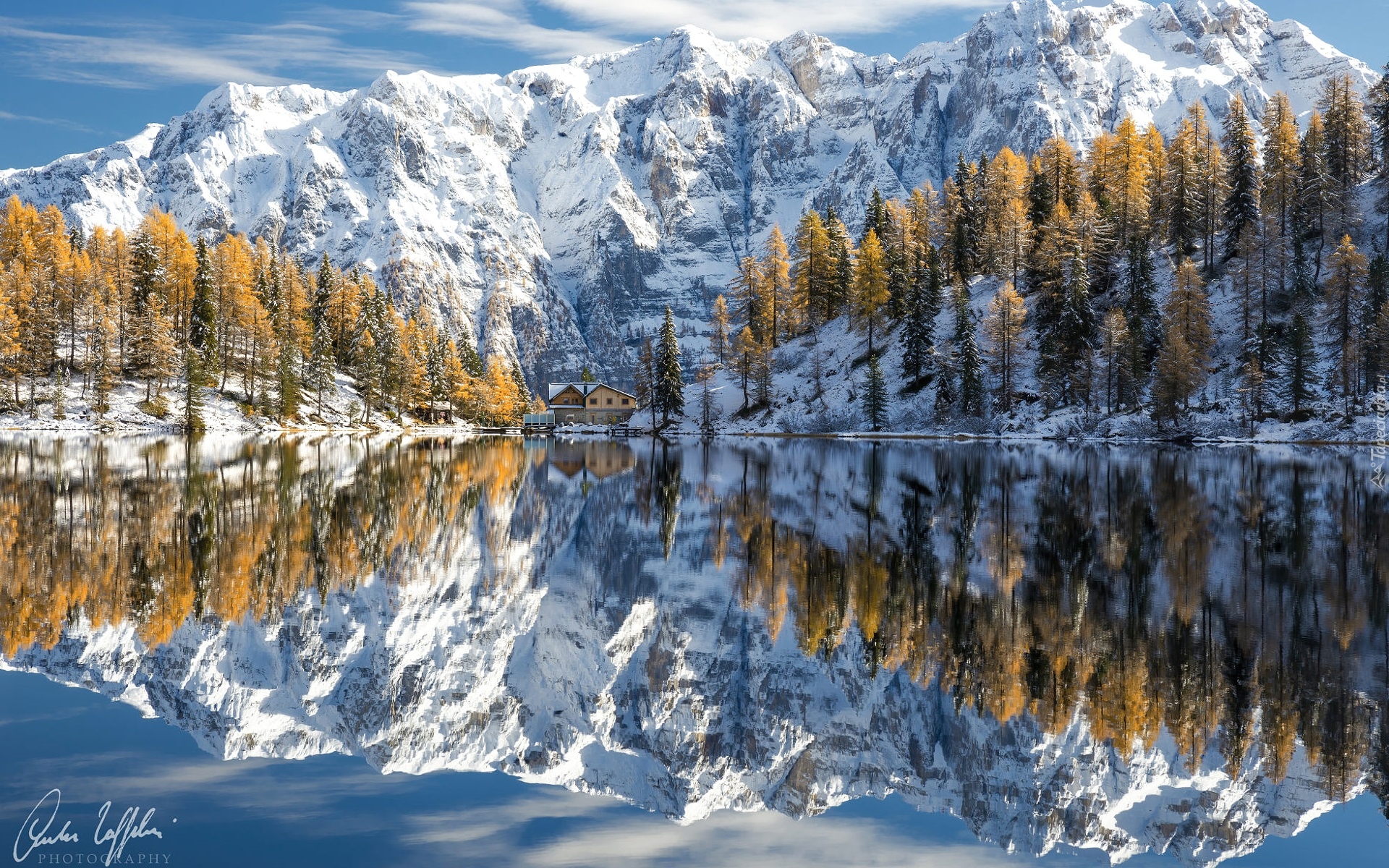 Jezioro, Lake Malghette, Góry, Drzewa, Dom, Odbicie, Zima, Włochy